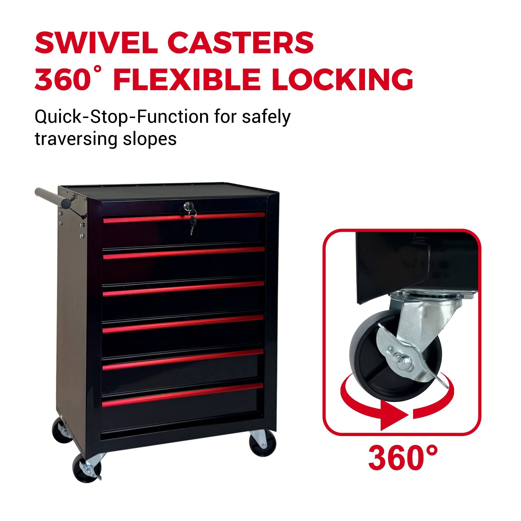SWIVEL CASTERS  
360° FLEXIBLE LOCKING  
Quick-Stop-Function for safely traversing slopes
