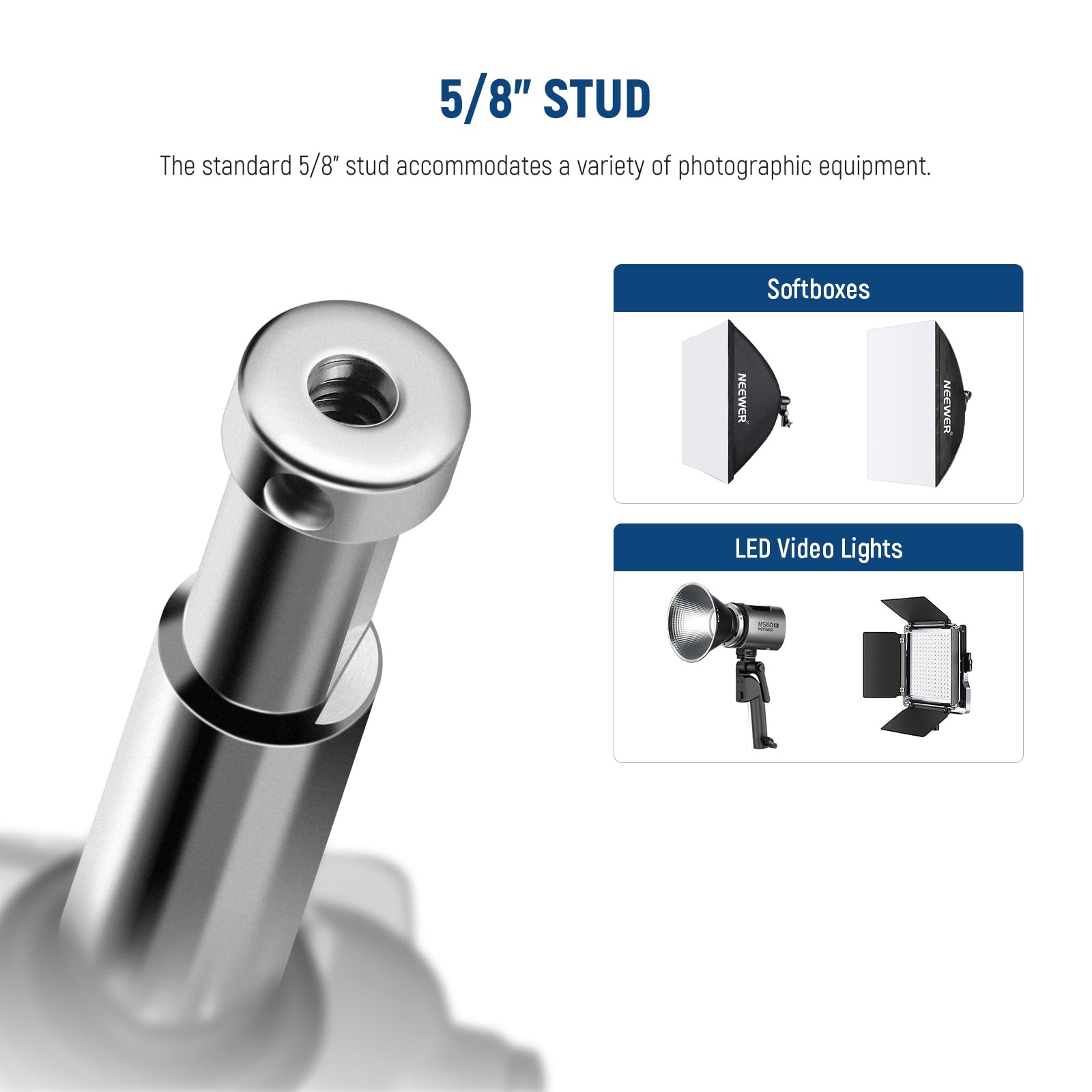 5/8" STUD

The standard 5/8" stud accommodates a variety of photographic equipment.

Softboxes

LED Video Lights