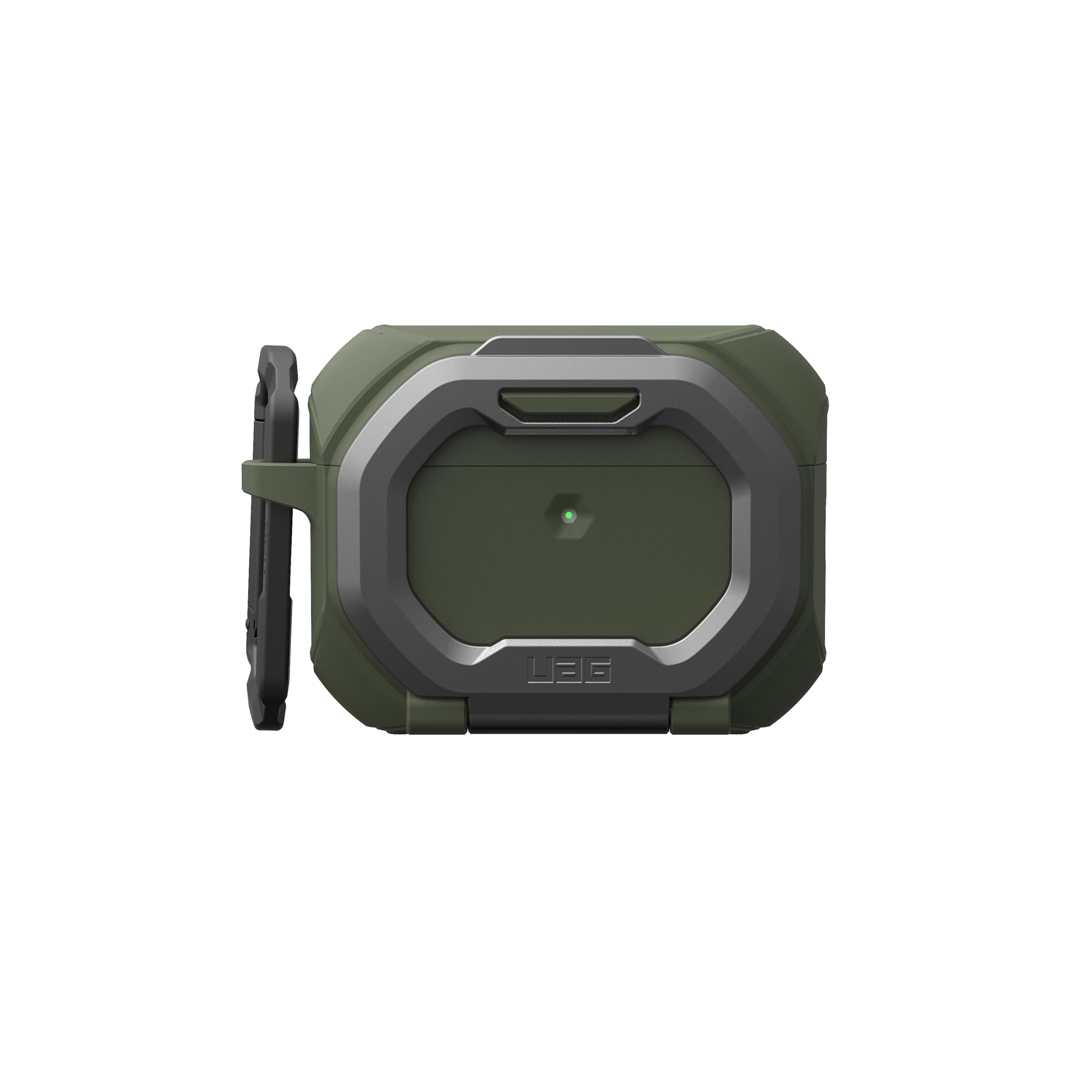 Alt View 5. UAG - AirPods Pro 3rd Gen Case w/ Built-in Phone Stand & Detachable Carabiner Clip, Rugged Protective Cover, Monarch - Olive Drab/Silver.