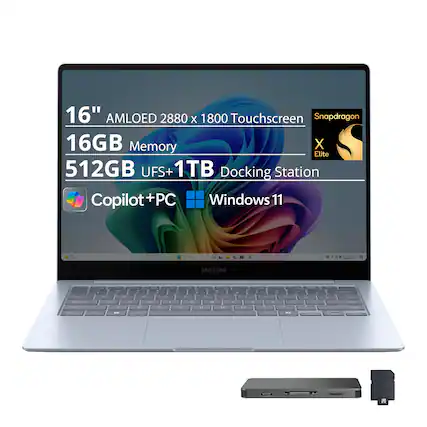 16" AMLOED 2880 x 1800 Touchscreen Snapdragon 16GB Memory X Elite 512GB UFS+ 1TB Docking Station Copilot+PC Windows 11