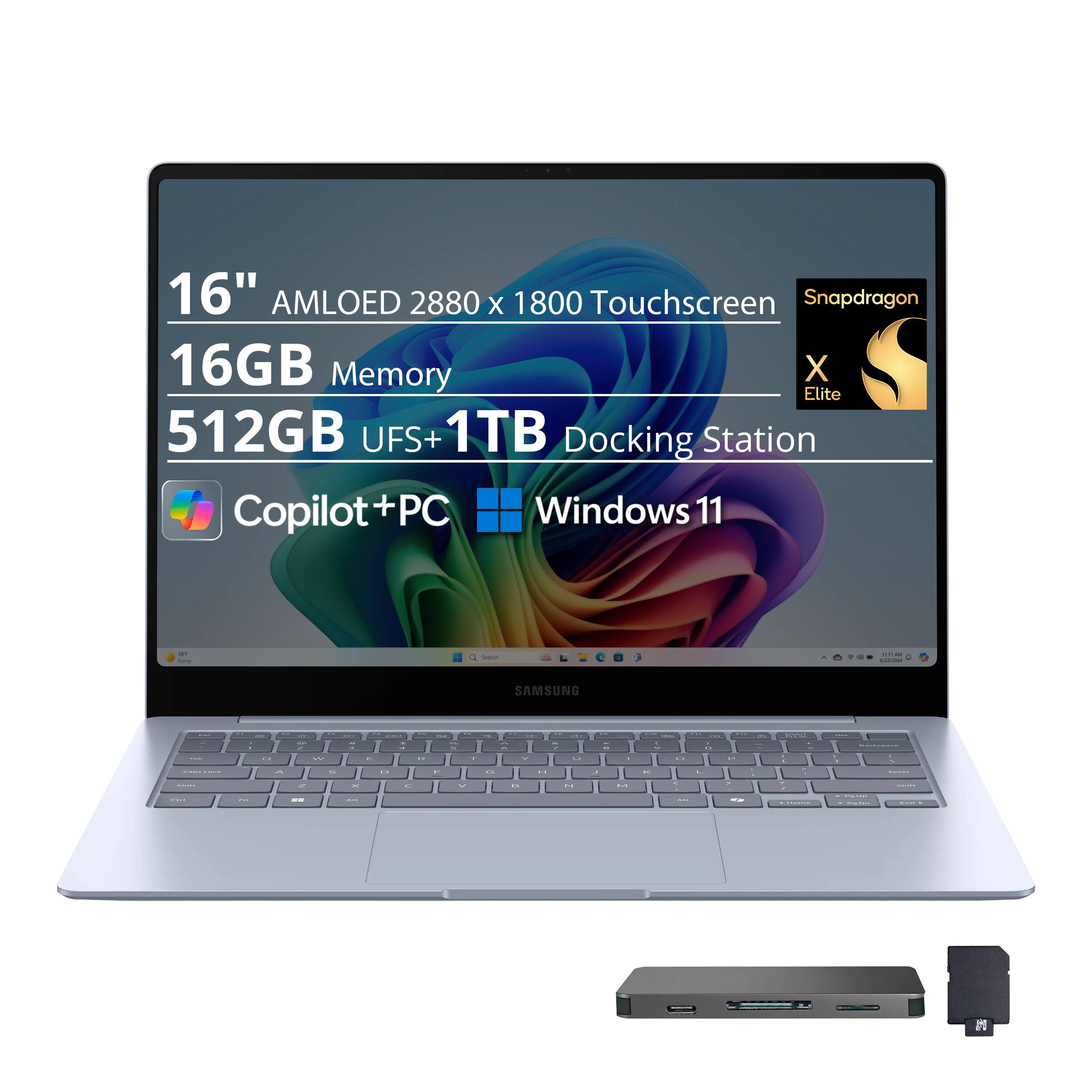 16" AMLOED 2880 x 1800 Touchscreen Snapdragon 16GB Memory X Elite 512GB UFS+ 1TB Docking Station Copilot+PC Windows 11