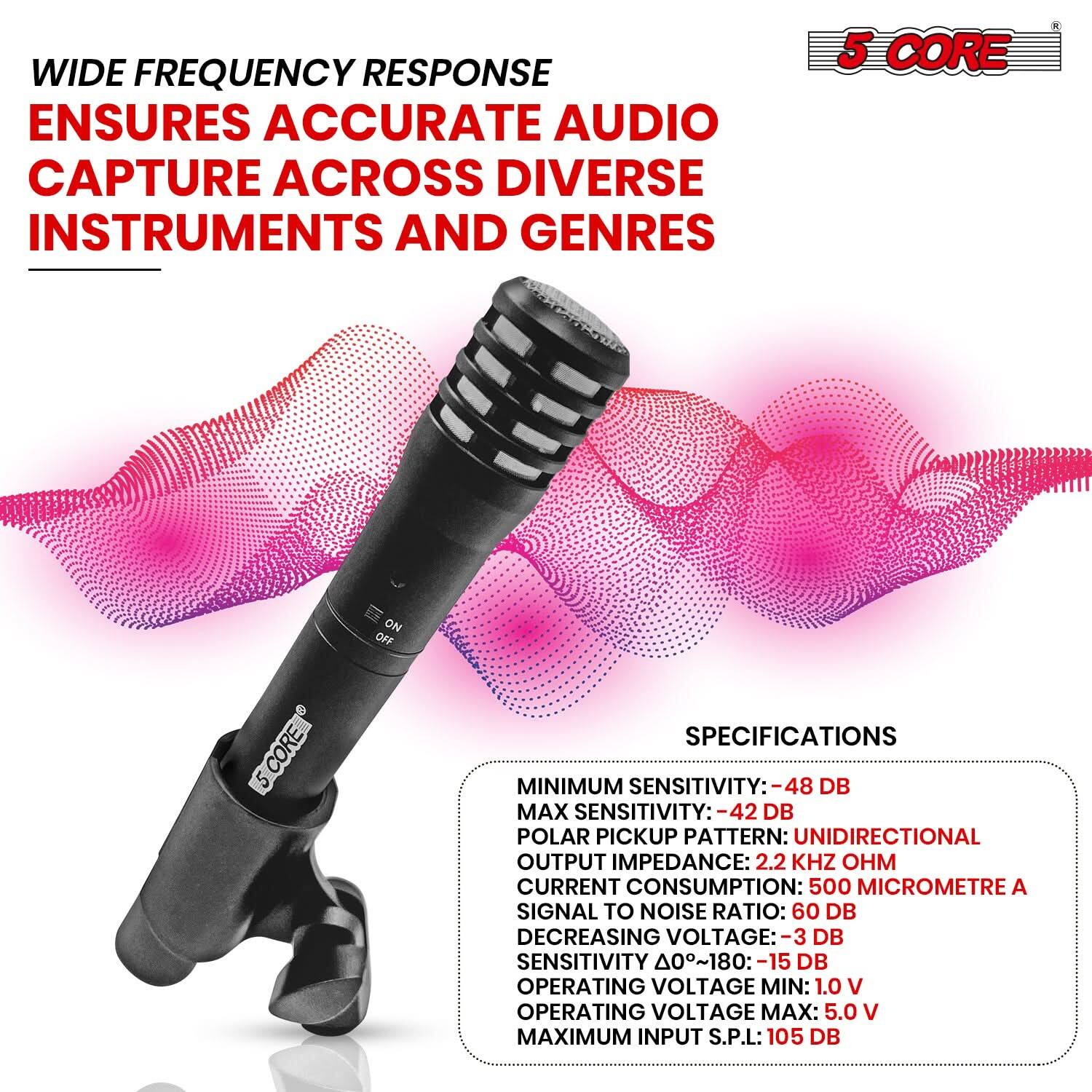 WIDE FREQUENCY RESPONSE ENSURES ACCURATE AUDIO CAPTURE ACROSS DIVERSE INSTRUMENTS AND GENRES

SPECIFICATIONS
MINIMUM SENSITIVITY: -48 DB
MAX SENSITIVITY: -42 DB
POLAR PICKUP PATTERN: UNIDIRECTIONAL
OUTPUT IMPEDANCE: 2.2 KHZ OHM
CURRENT CONSUMPTION: 500 MICROMETRE A
SIGNAL TO NOISE RATIO: 60 DB
DECREASING VOLTAGE: -3 DB
SENSITIVITY 0~180: -15 DB
OPERATING VOLTAGE MIN: 1.0 V
OPERATING VOLTAGE MAX: 5.0 V
MAXIMUM INPUT S.P.L: 105 DB