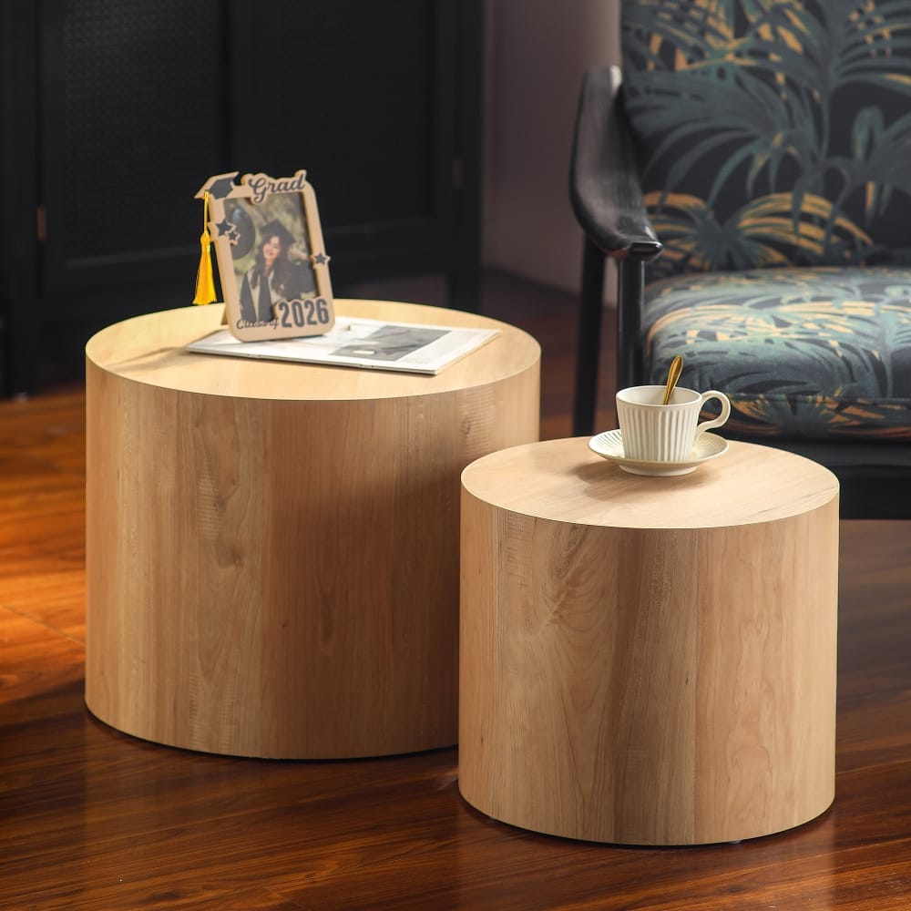 Loheer - Nesting Coffee Table Set of 2 Round Wooden Modern Circle Accent Side End Tables for Small Space Living Room - Brown
