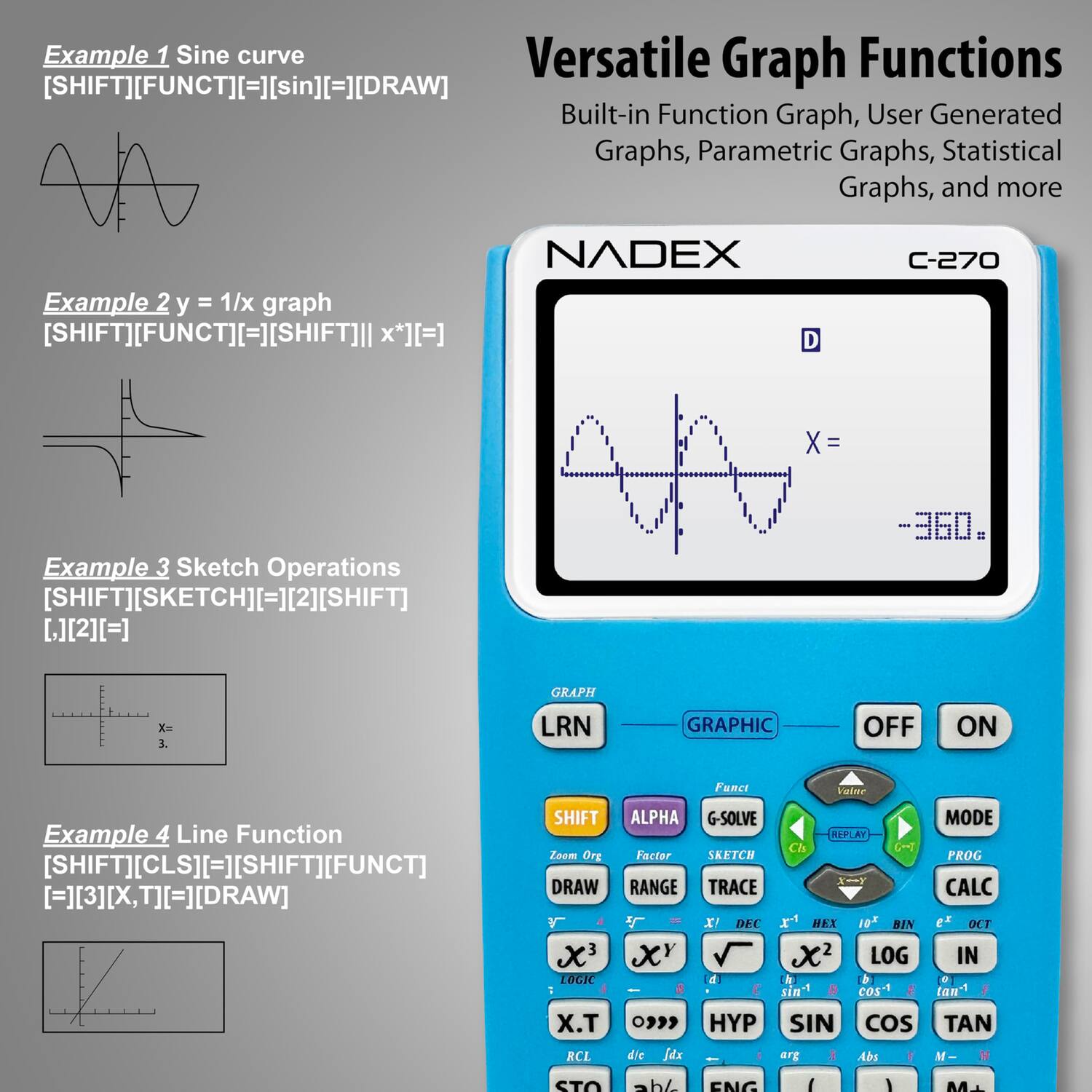 Example 1 Sine curve  
[SHIFT][FUNCT][=][sin][=][DRAW]  

Example 2 y = 1/x graph  
[SHIFT][FUNCT][=][SHIFT][x*I][=]  

Example 3 Sketch Operations  
[SHIFT][SKETCH][=][2][SHIFT][,][2][=]  

Example 4 Line Function  
[SHIFT][CLS][=][SHIFT][FUNCT][=][3][X,T][=][DRAW]  

Versatile Graph Functions  
Built-in Function Graph, User Generated Graphs, Parametric Graphs, Statistical Graphs, and more