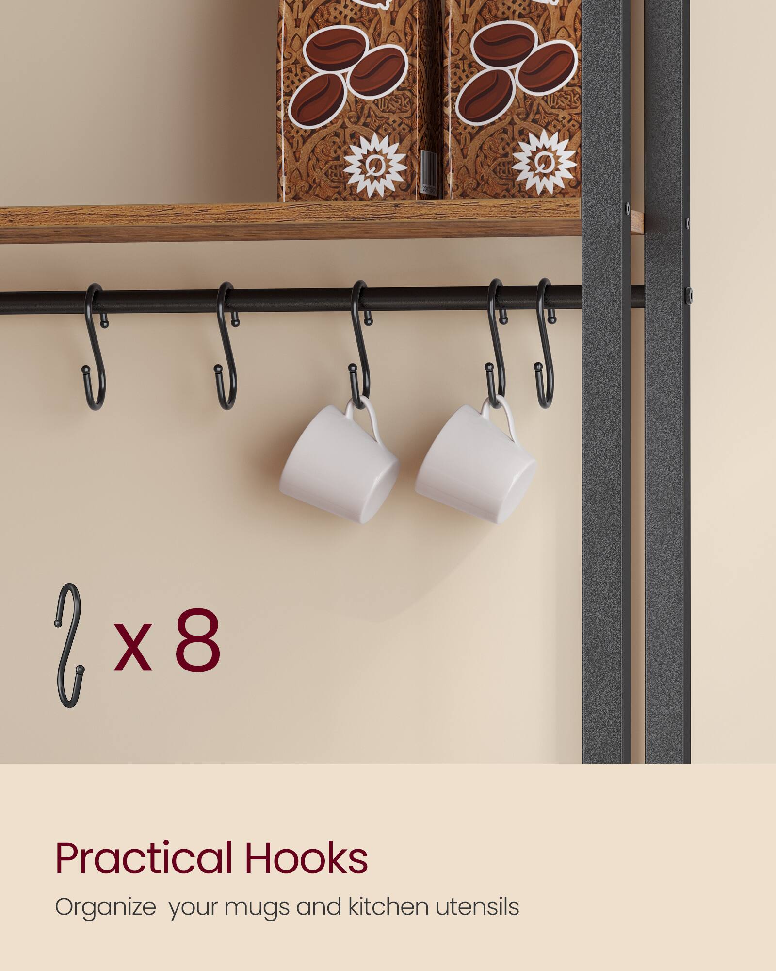 2 x 8 Practical Hooks  
Organize your mugs and kitchen utensils