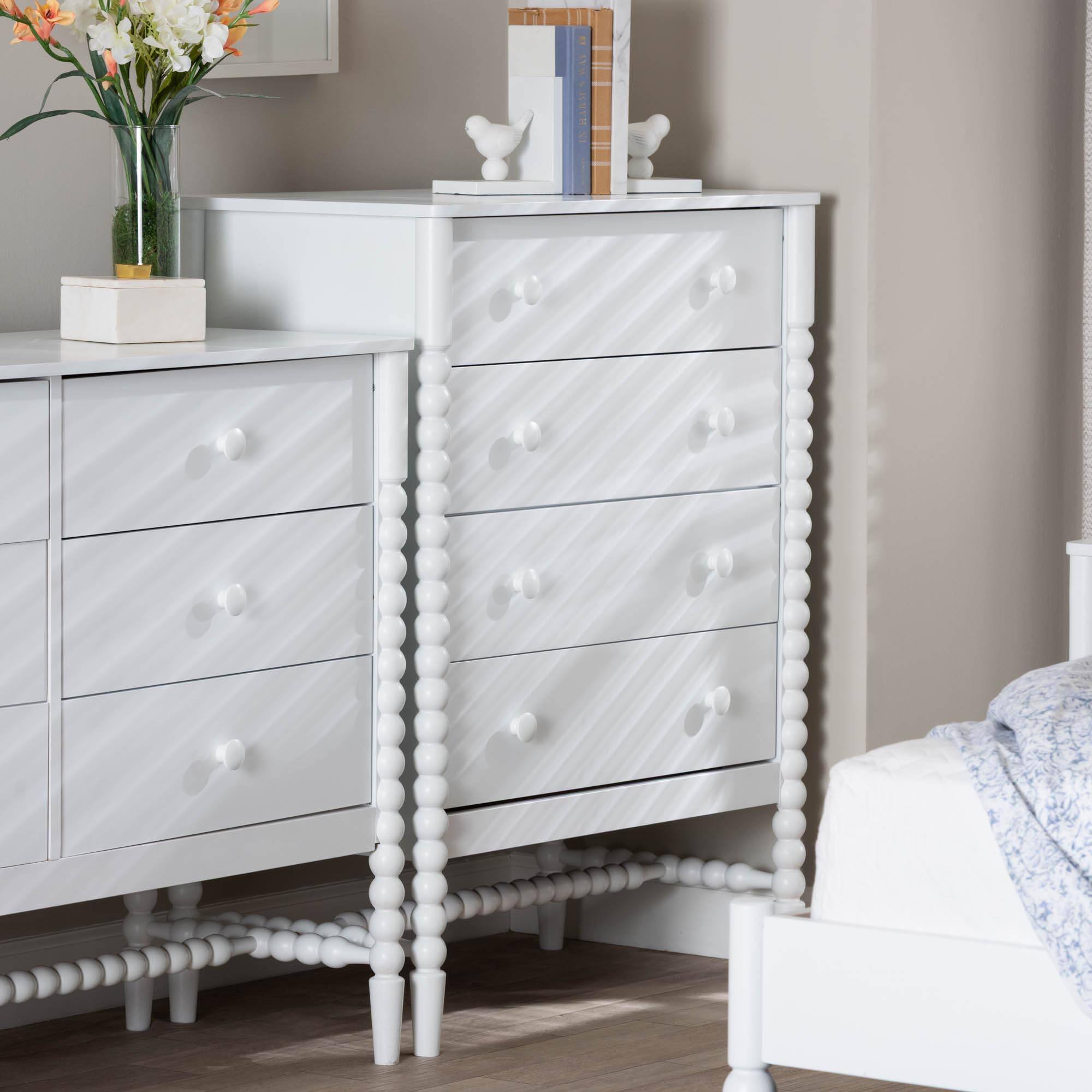 Alt View 5. Baxton Studio - Brantley Spindle Chest - 4-Drawer Vertical Storage Cabinet with Beaded Frame and Elevated Base for Bedroom - White.