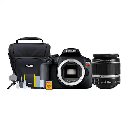 Canon EOS DSLR camera with image stabilizer, Koah lens, 128GB memory card, and a 18-55mm lens.