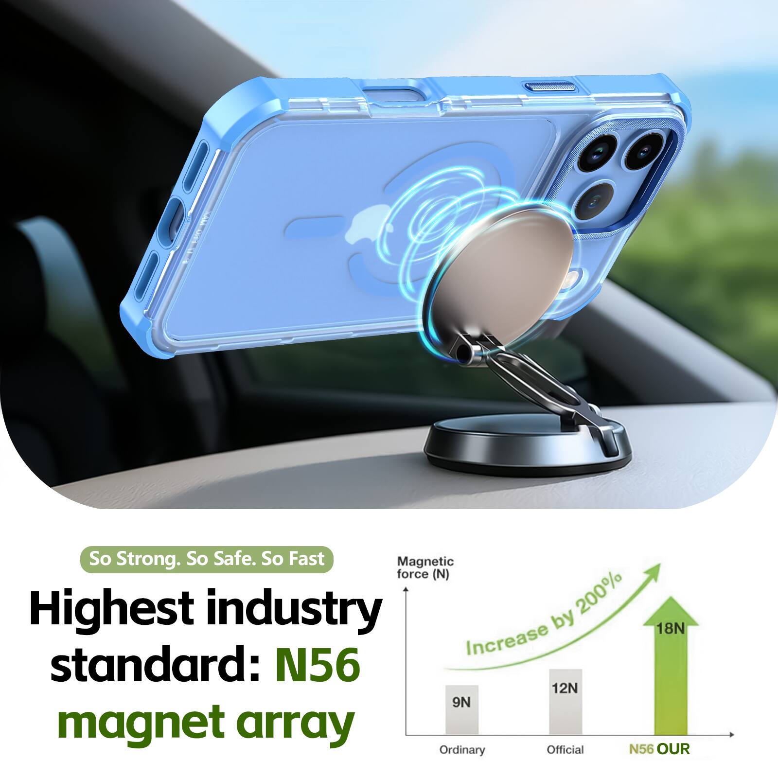 So Strong. So Safe. So Fast

Highest industry standard: N56 magnet array

Magnetic force (N)
Increase by 200%
18N

Ordinary: 9N
Official: 12N
N56 OUR