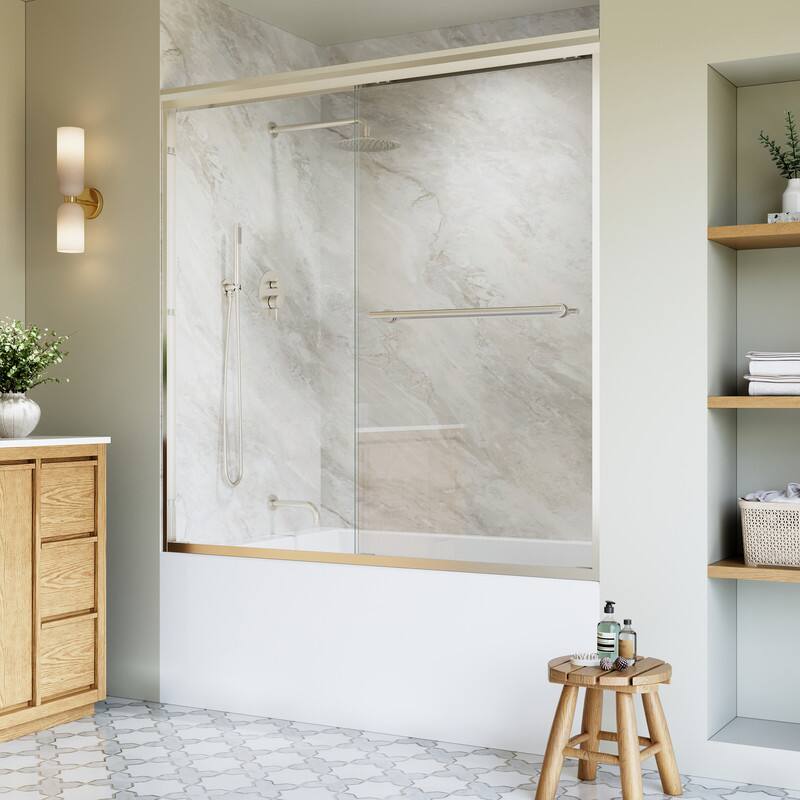 Left. WELLFOR - 56-60 in. W x 60 in. H Framed Sliding Shower Door with 1/4 in. Clear Tempered Safety Glass,Reversible - Brushed Nickel.