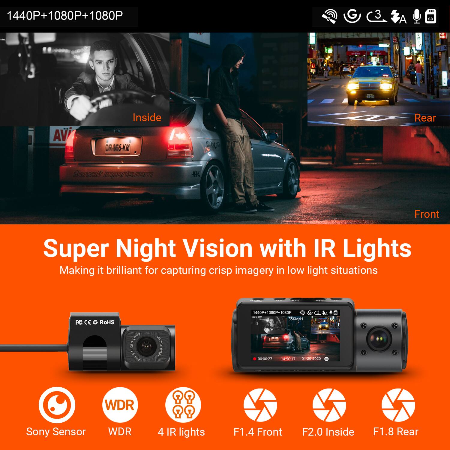 1440P+1080P+1080P

Super Night Vision with IR Lights
Making it brilliant for capturing crisp imagery in low light situations

FC CE RoHS

Sony Sensor
WDR
4 IR lights
F1.4 Front
F2.0 Inside
F1.8 Rear