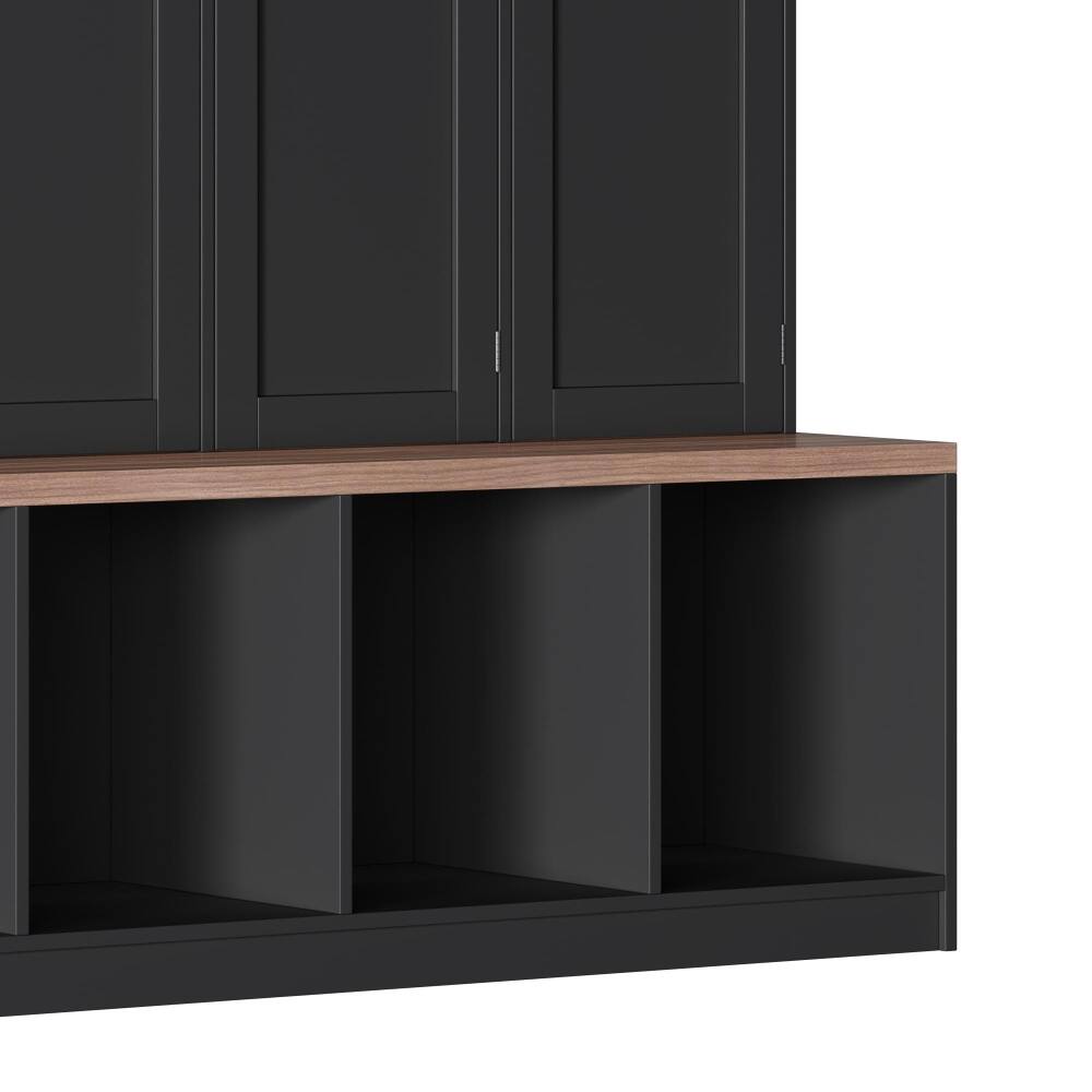 Alt View 9. Loheer - Loheer Farmhouse Hall Tree with Seating Bench, Black Entryway Shoe Cabinet, 75 Inch Tall - Black.