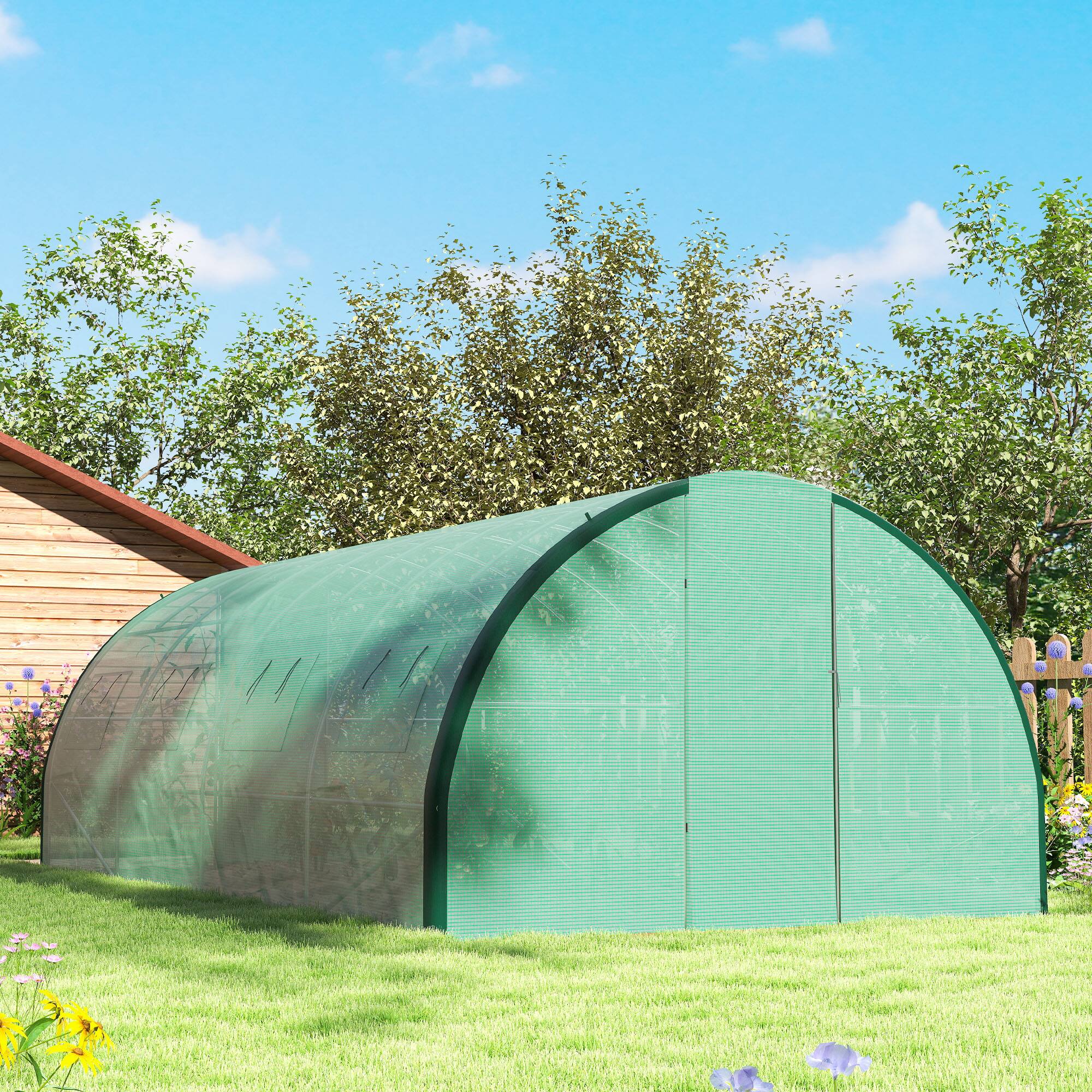 Alt View 8. Outsunny - 20' x 10' x 6.6' Walk-in Tunnel Greenhouse with Upgraded Structure, Outdoor Green House with 2 Hinged Doors - Green.