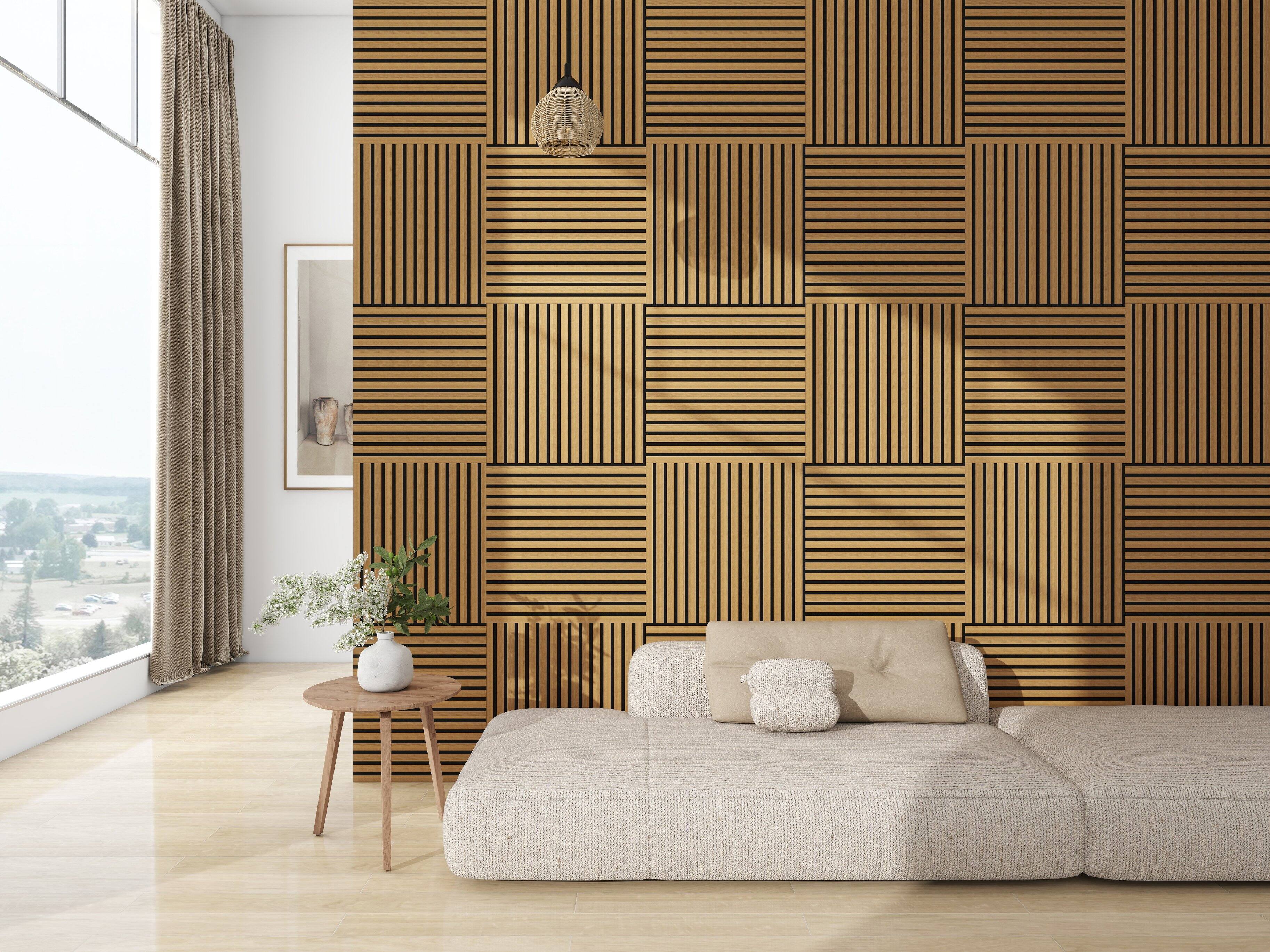 Left. Mondawe - 4PCS Wooden Strip Acoustic Boards,3D Groove Sound-Absorbing Design, Three-Side Wrapping Craft, Adhesive - Walnut.