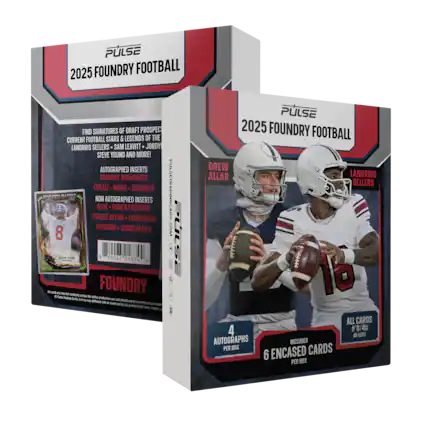 PULSE 2025 FOUNDRY FOOTBALL
FIND SIGNATURES OF DRAFT PROSPECTS, CURRENT FOOTBALL STARS & LEGENDS OF THE LANORRIS SELLERS, SAM LEAVITT, JORDY STEVE YOUNG AND MORE!
AUTOGRAPHED INSERTS
FOUNDRY SIGNATURES
COBALT - IGNITE - ENGRAVED
NON AUTOGRAPHED INSERTS
BASE - UNDER PRESSURE
FORGED IN FIRE - FOUNDATION
TITANIUM - UNBREAKABLE
4 AUTOGRAPHS PER BOX
6 ENCASED CARDS PER BOX
ALL CARDS #D/40 OR LESS!
PULSETRADINGCARD.COM
PULSE 2025 FOUNDRY FOOTBALL
DREW ALLAR
LANORRIS SELLERS
All cards intended for adult collecting only. The product is not intended for use by children. Pulse Trading Cards, Inc. is not responsible for any damage or loss during shipping. Pulse Trading Cards, Inc. is not responsible for any damage or loss during shipping. Pulse Trading Cards, Inc. is not responsible for any damage or loss during shipping. Pulse Trading Cards, Inc. is not