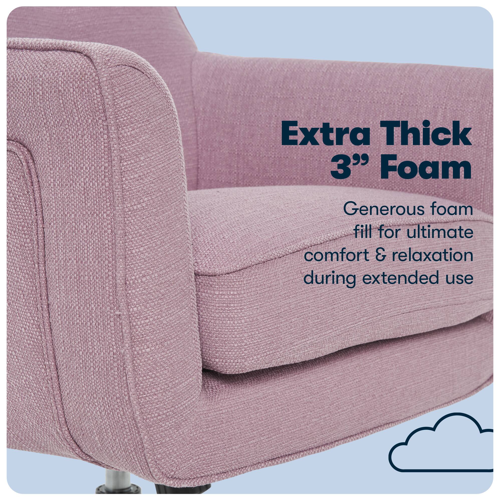 The image features a purple chair with a cloudy blue background. The chair is described as having extra thick 3" foam, which provides generous comfort and relaxation during extended use.