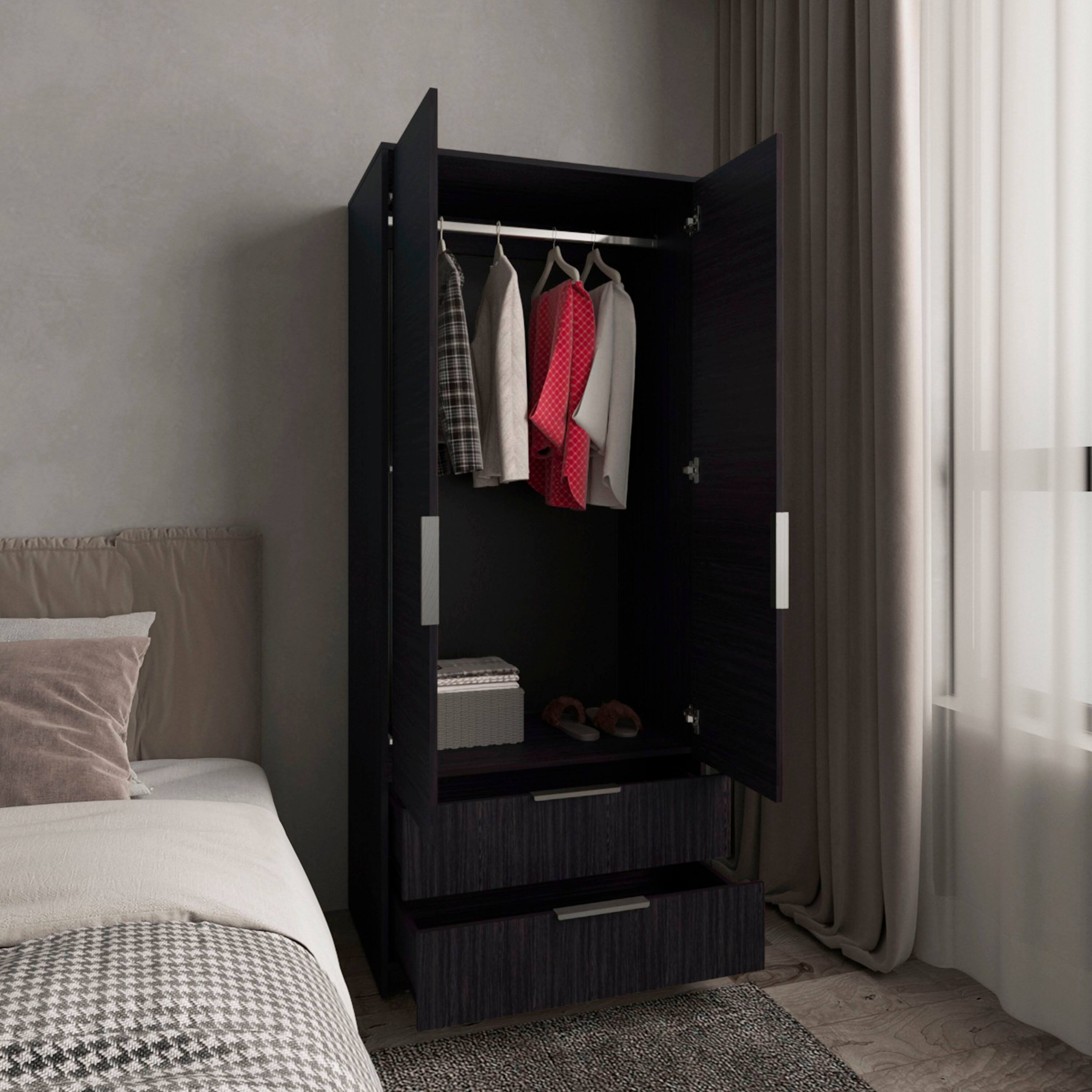 Back. TuHome - Wenden Armoire Double Doors, Two Drawers, Hanging Rod An Interior Shleves, Wardrobe - Black.