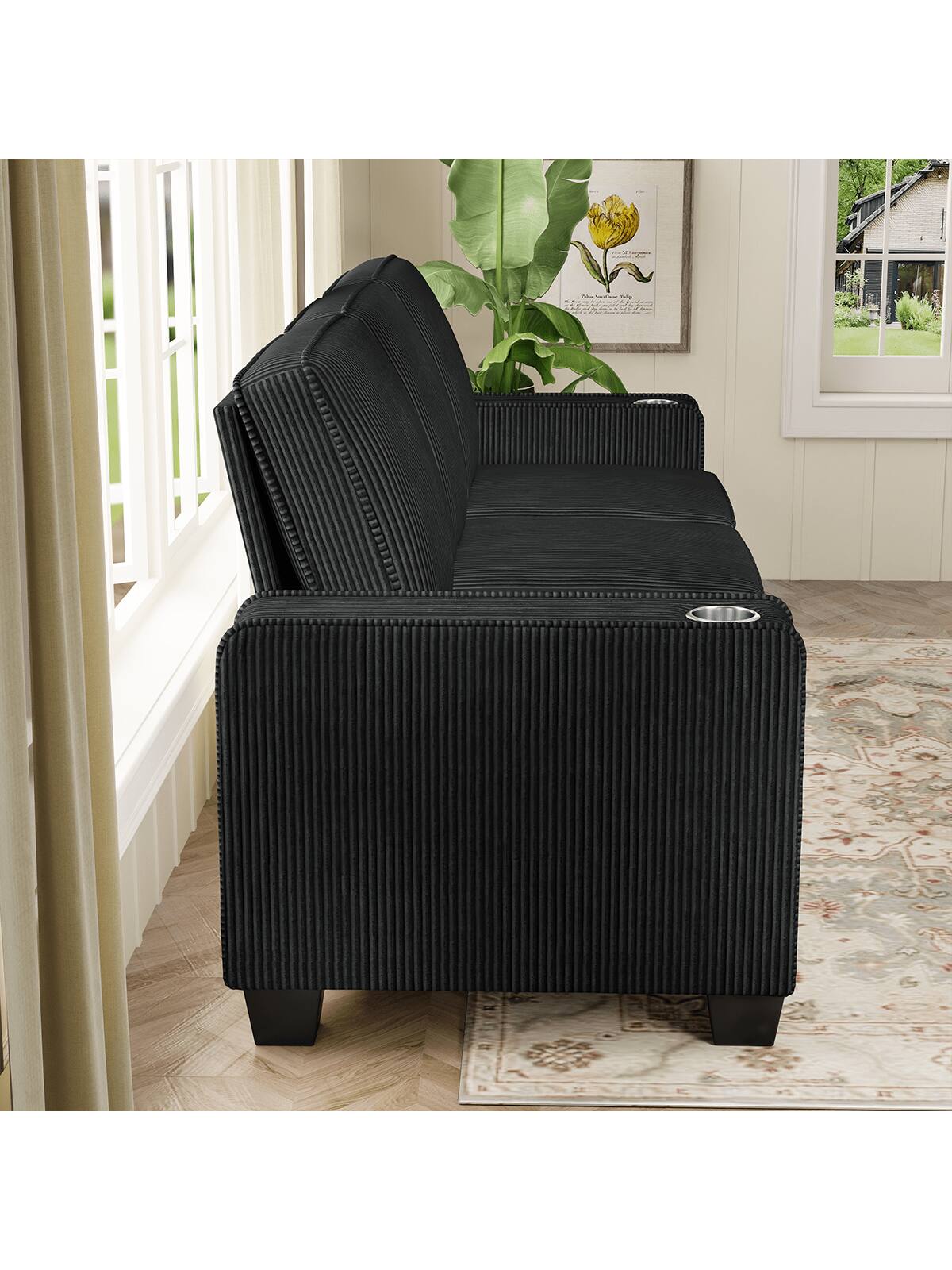 Left. Trinkets Crazed - 83.5 Inch Oversized 3 Seater Couch,Upholstered Corduroy Love Seat Sofa for Living Room,Modern Deep Seat Loveseat Sofa - Black.