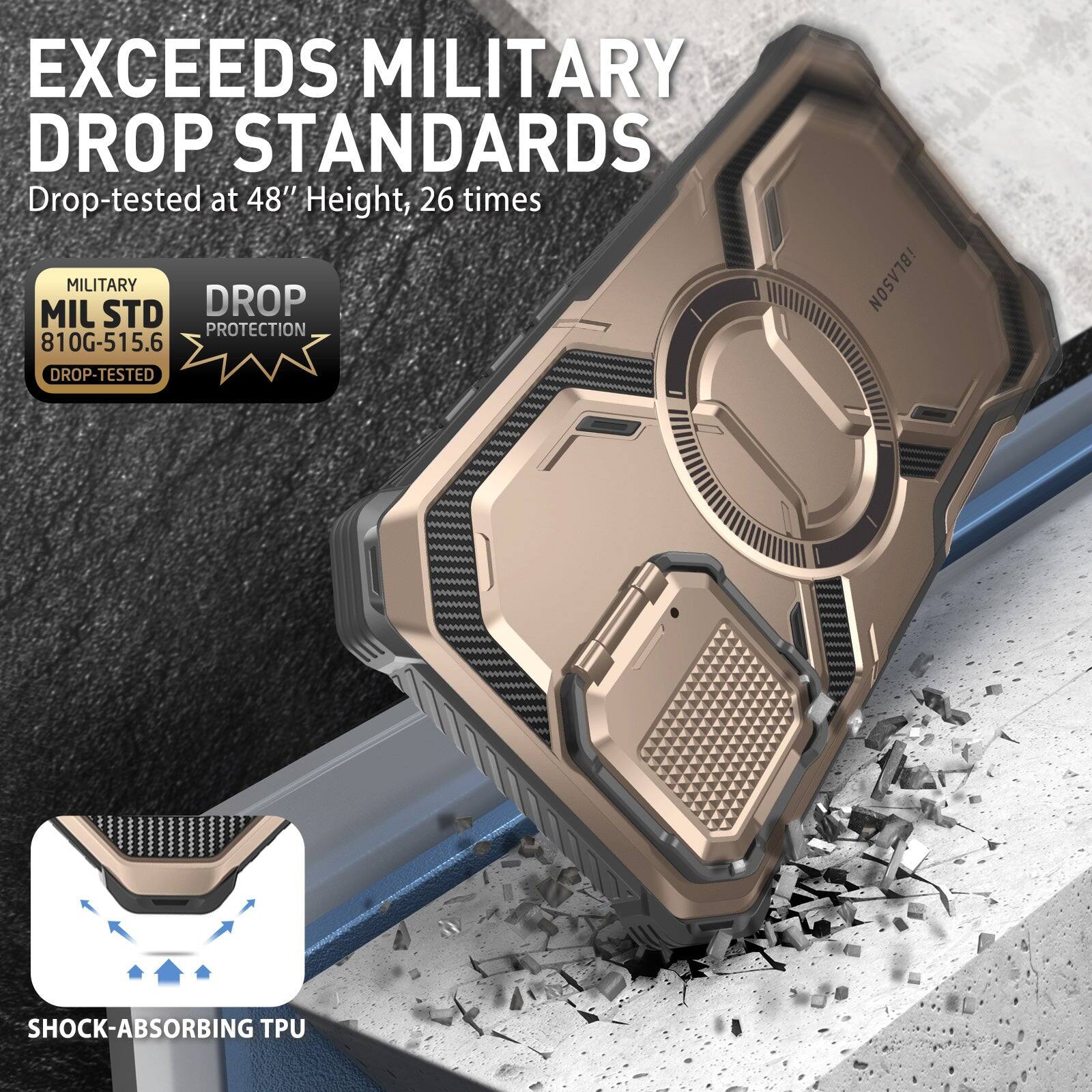 EXCEEDS MILITARY DROP STANDARDS  
Drop-tested at 48" Height, 26 times  

MILITARY  
MIL STD 810G-515.6  
DROP-TESTED  

DROP PROTECTION  

SHOCK-ABSORBING TPU