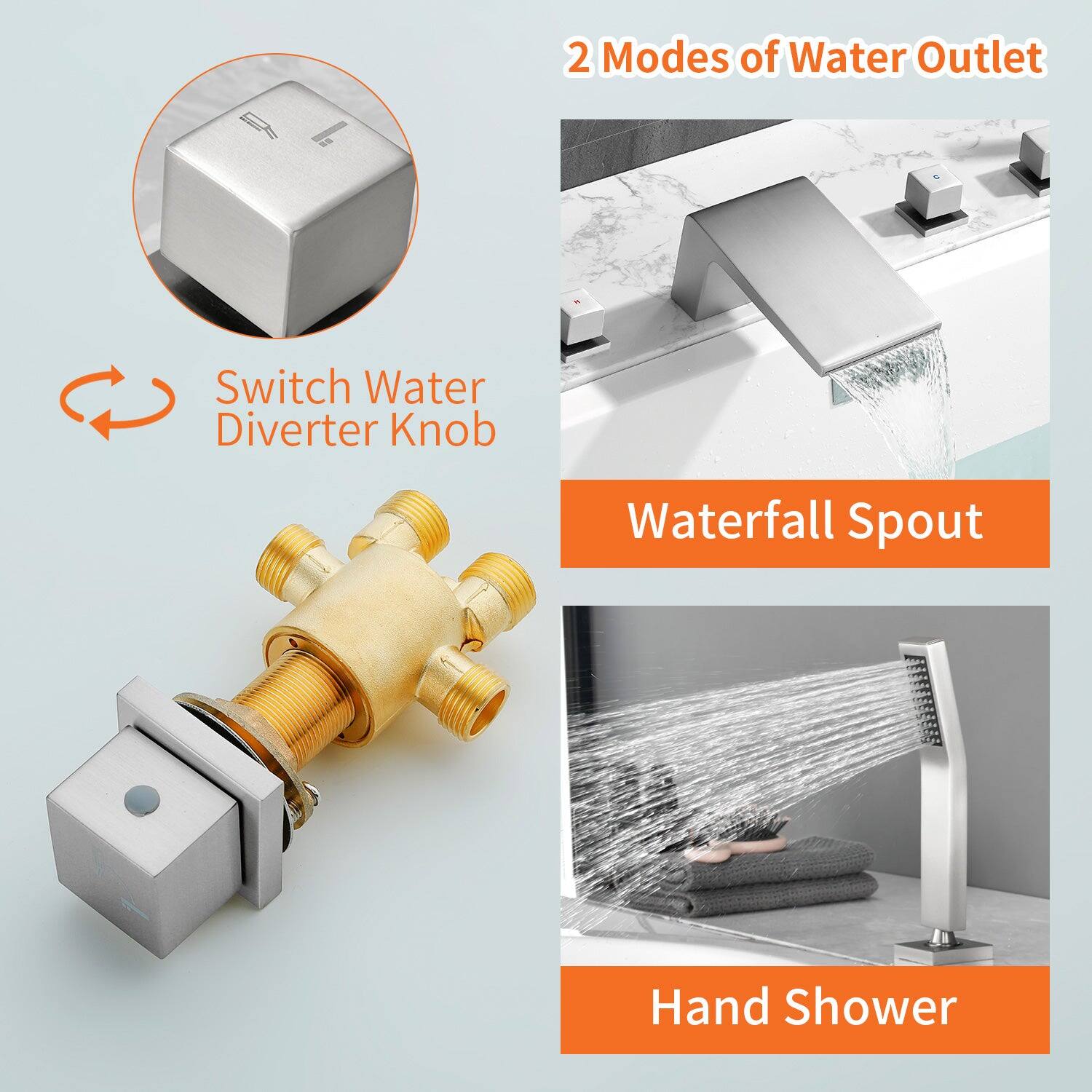 2 Modes of Water Outlet

Switch Water Diverter Knob

Waterfall Spout

Hand Shower