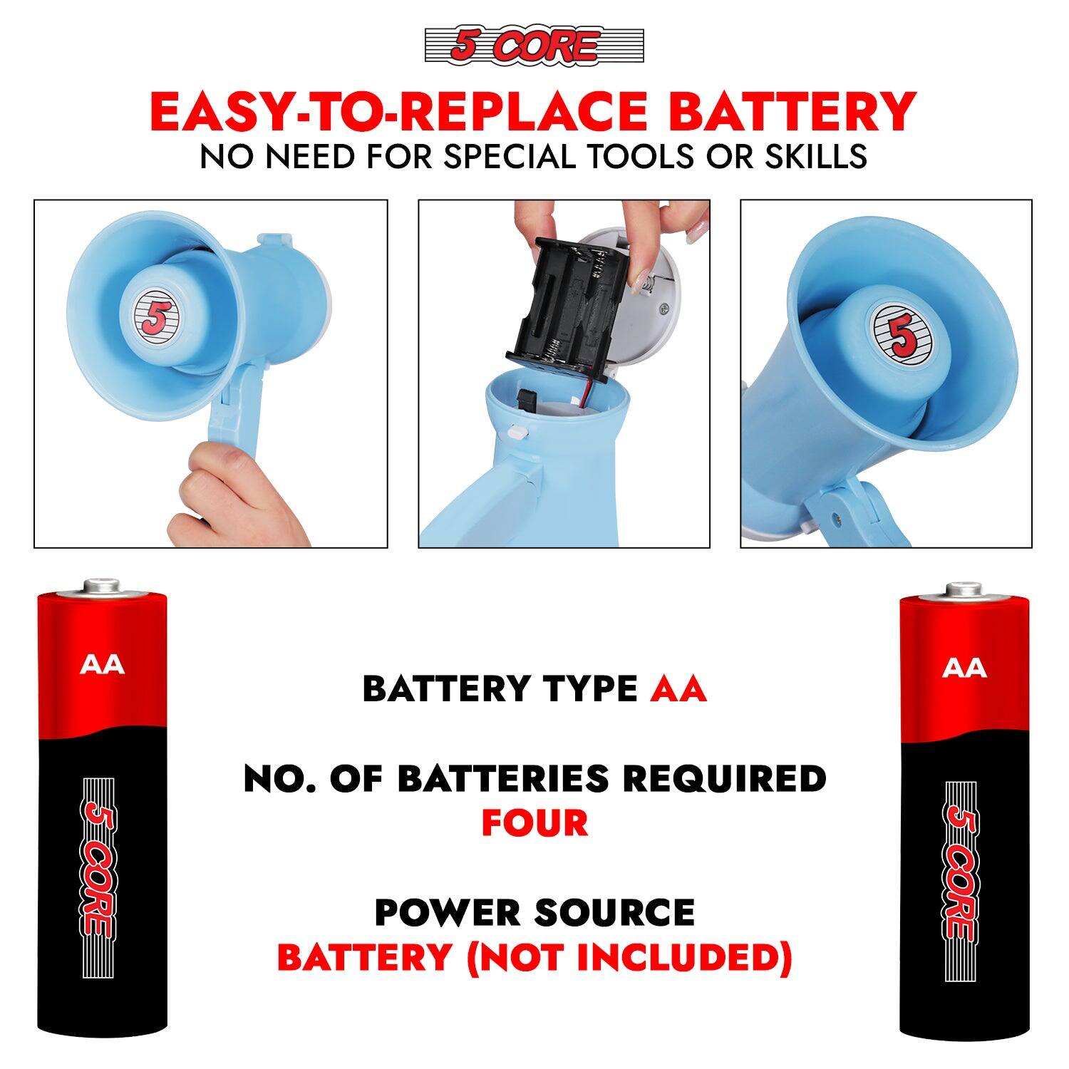 5 CORE

EASY-TO-REPLACE BATTERY  
NO NEED FOR SPECIAL TOOLS OR SKILLS

BATTERY TYPE AA  
NO. OF BATTERIES REQUIRED FOUR  
POWER SOURCE BATTERY (NOT INCLUDED)