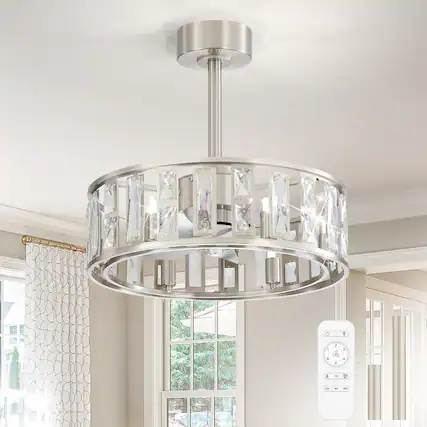 Front. Breezary - 20-inch Caged Ceiling Fan with Light, DC Motor, 5-Blade, 6-Speed Remote, 6-Bulb Fixture, Timer, Downrod Mount - Sand Nickel & silver.