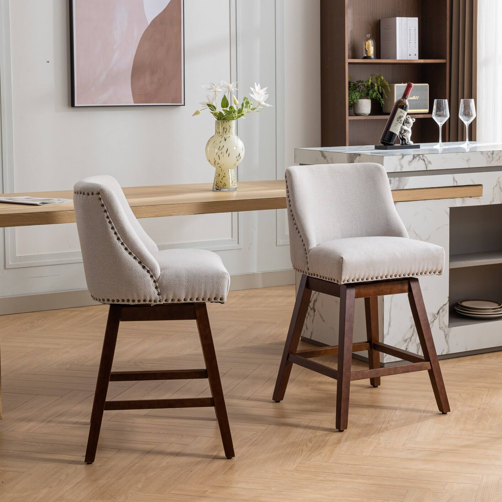 Back. Trinkets Crazed - Counter Height Swivel Barstools Set of 2, 26'' H Seat Height Upholstered Bar Stools, Fabric - Beige.