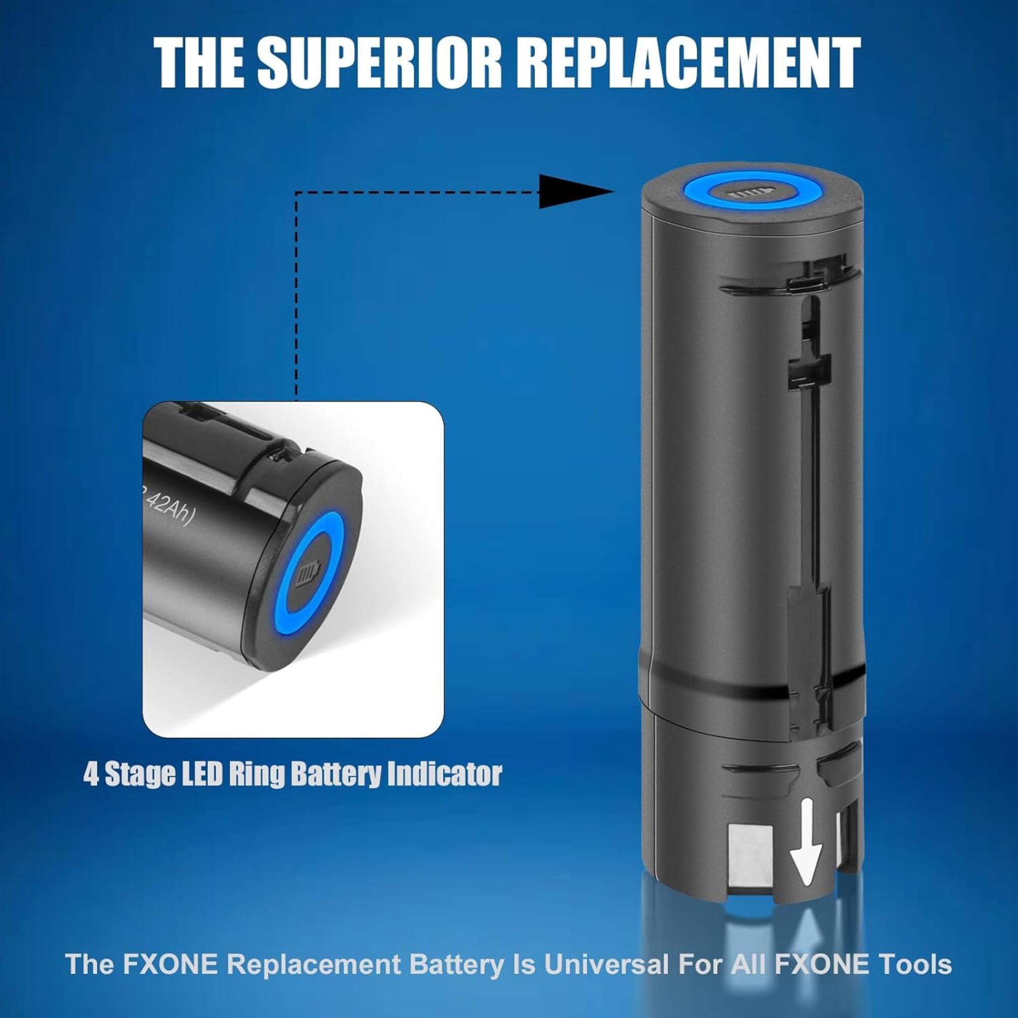 THE SUPERIOR REPLACEMENT 42Ah) m 4 Stage LED Ring Battery Indicator The FXONE Replacement Battery Is Universal For All FXONE Tools