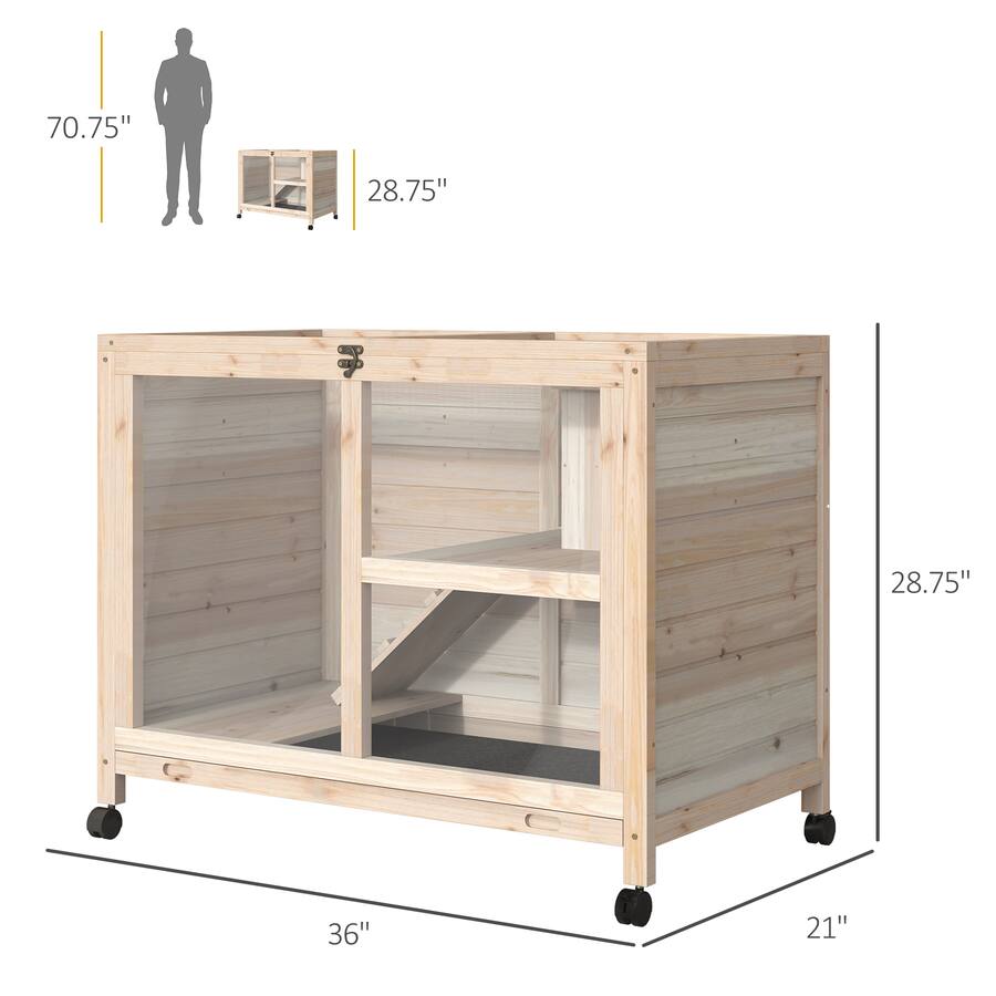Pawhut Rabbit Hutch with Wheels, Desk and Side Table Sized, Wooden ...