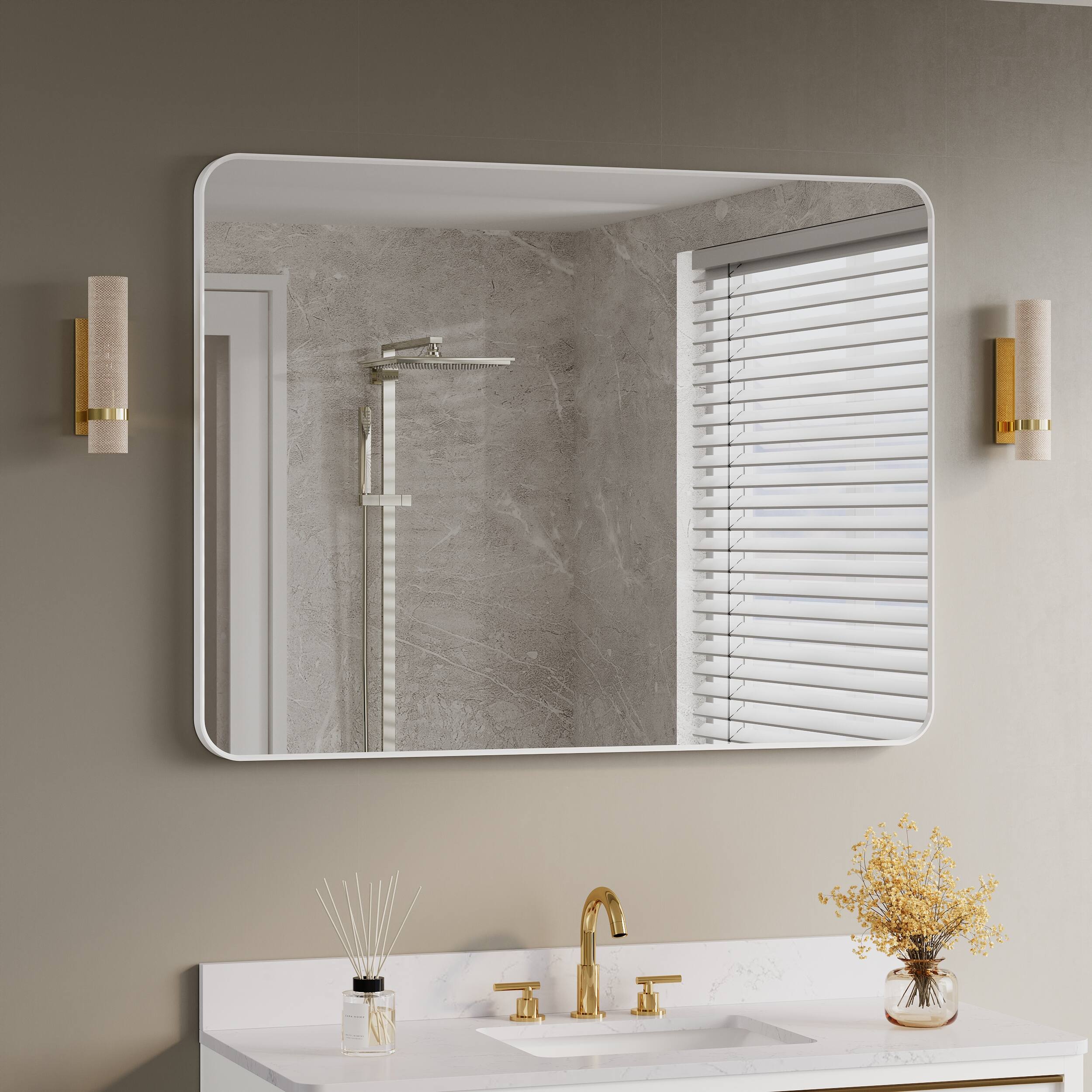 Back. WELLFOR - 40 in. W. x 32 in. H Rectangular Aluminum Framed Wall-Mounted Bathroom Vanity Mirror - White.