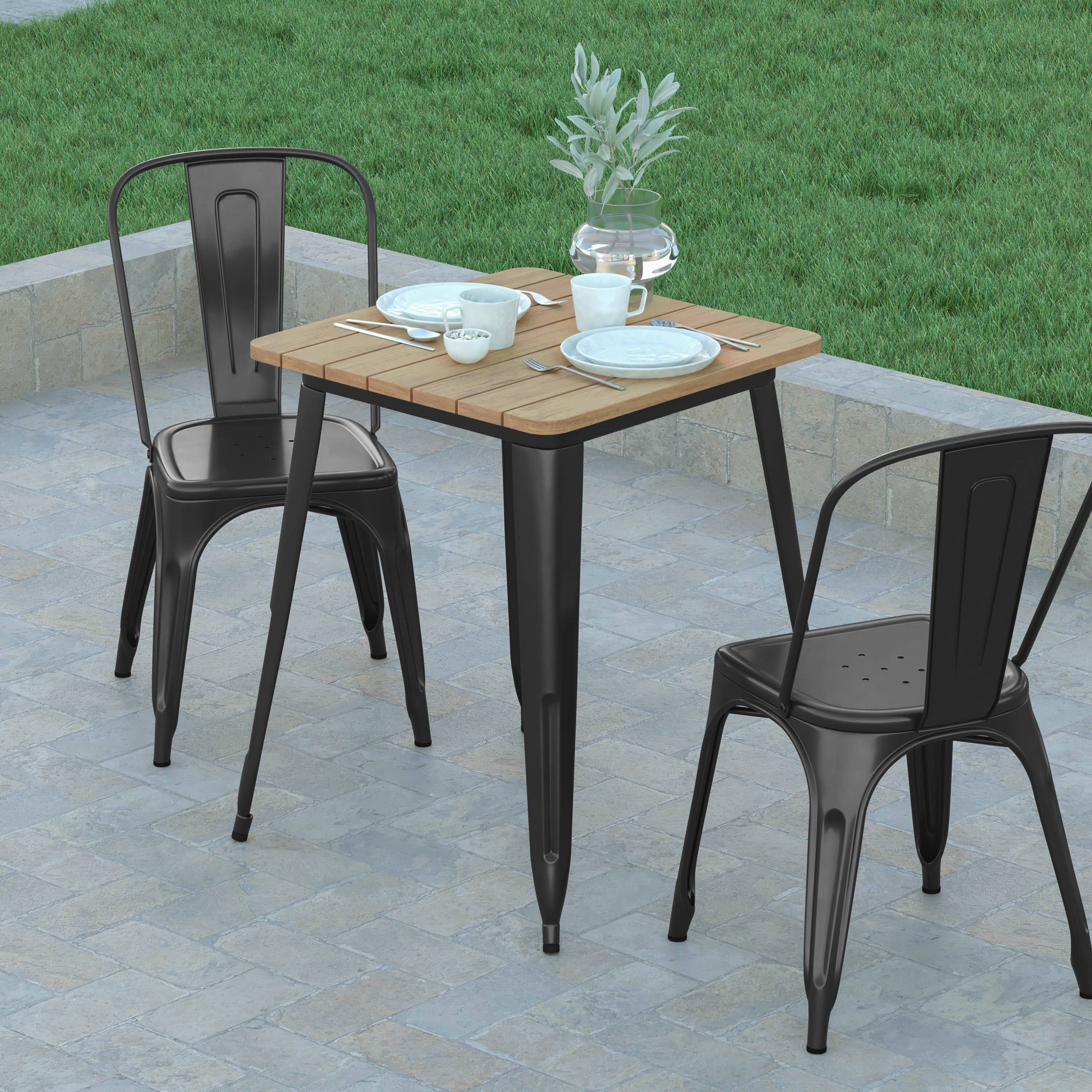 Alt View 3. Emma + Oliver - Drew Indoor/Outdoor Dining Table, 23.75" Square All Weather Poly Resin Top with Steel Base - Brown Top/Black Frame.