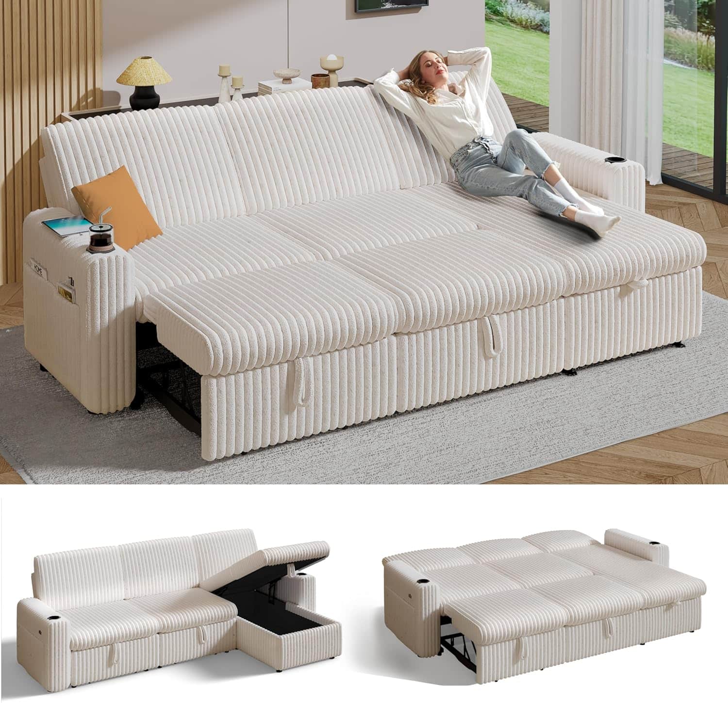 Dyonery - 101" Sectional Sleeper Sofa Bed with Pull Out Bed, L Shaped Couch Sleeper Sofa,Plush Corduroy Beige - Beige
