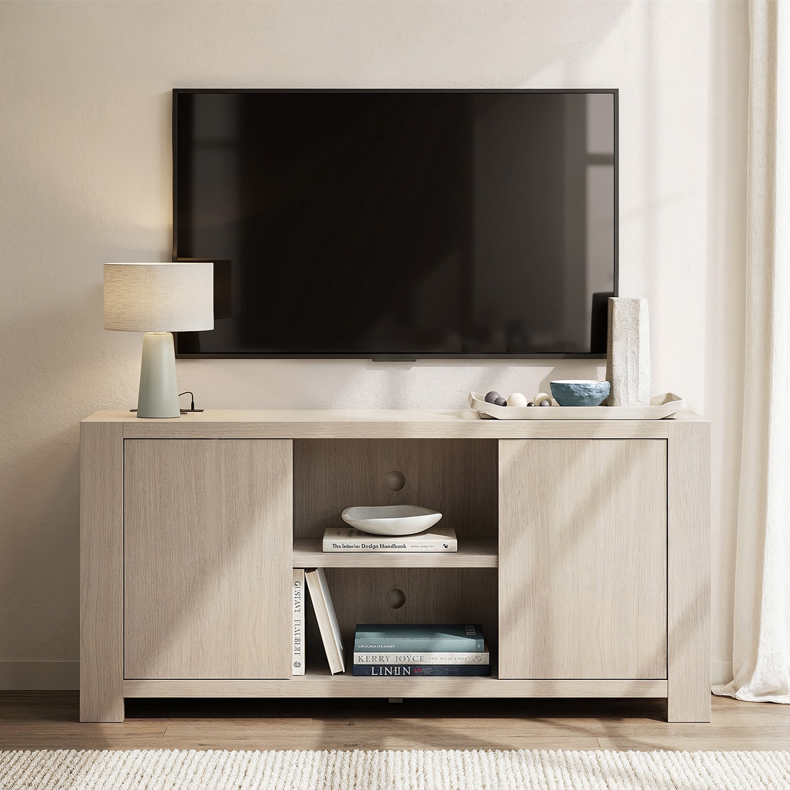ModernMate - 58" Media TV Stand with Power Outlet, Modern TV Stand for TVs Up to 65", Adjustable Shelves - White Oak