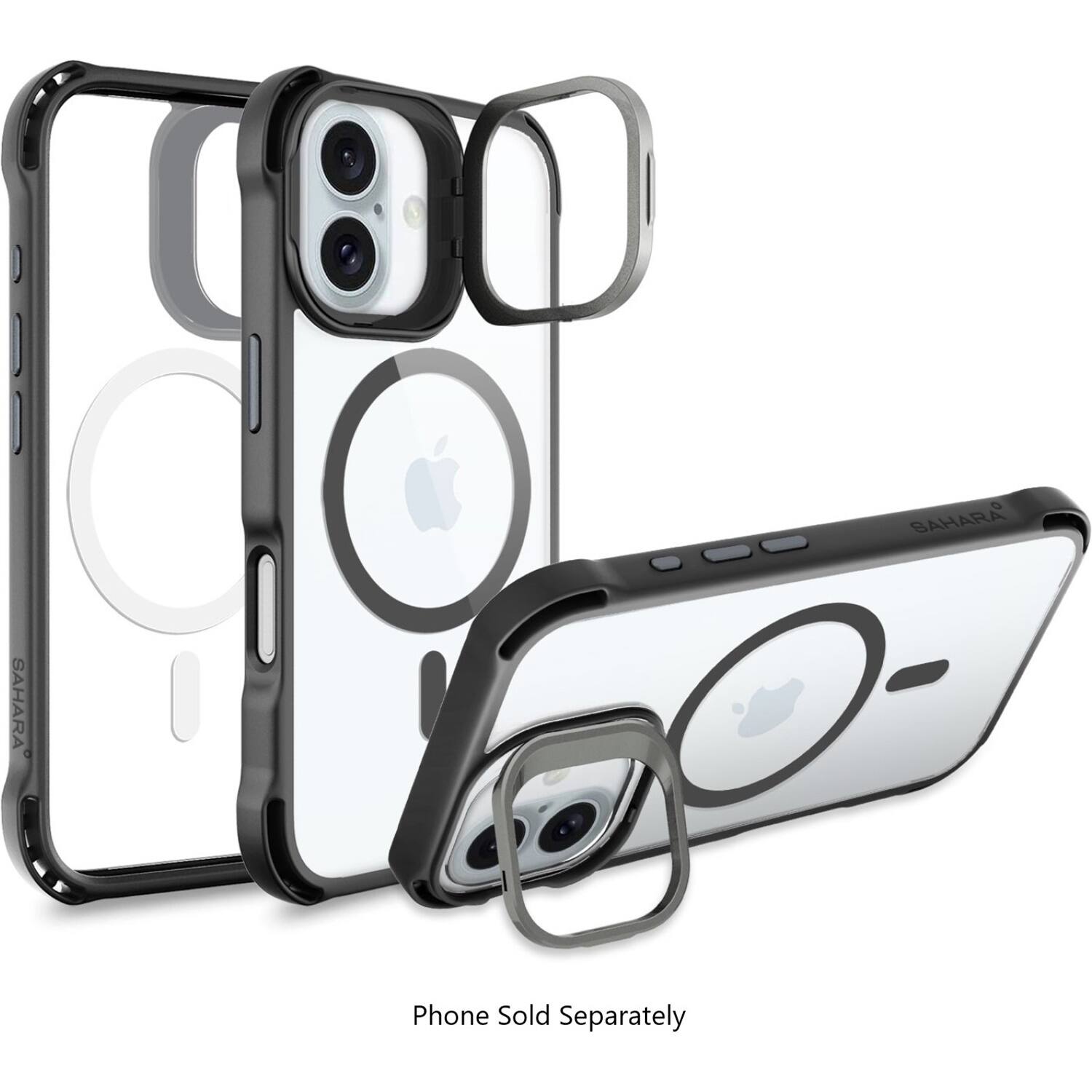 The image shows a collection of Apple iPhone cases, including a case with a camera lens cover. The cases are displayed in various positions, such as laying flat, standing up, and stacked on top of each other. The text on the image reads "Phone Sold Separately," indicating that the phone is not included with the cases.