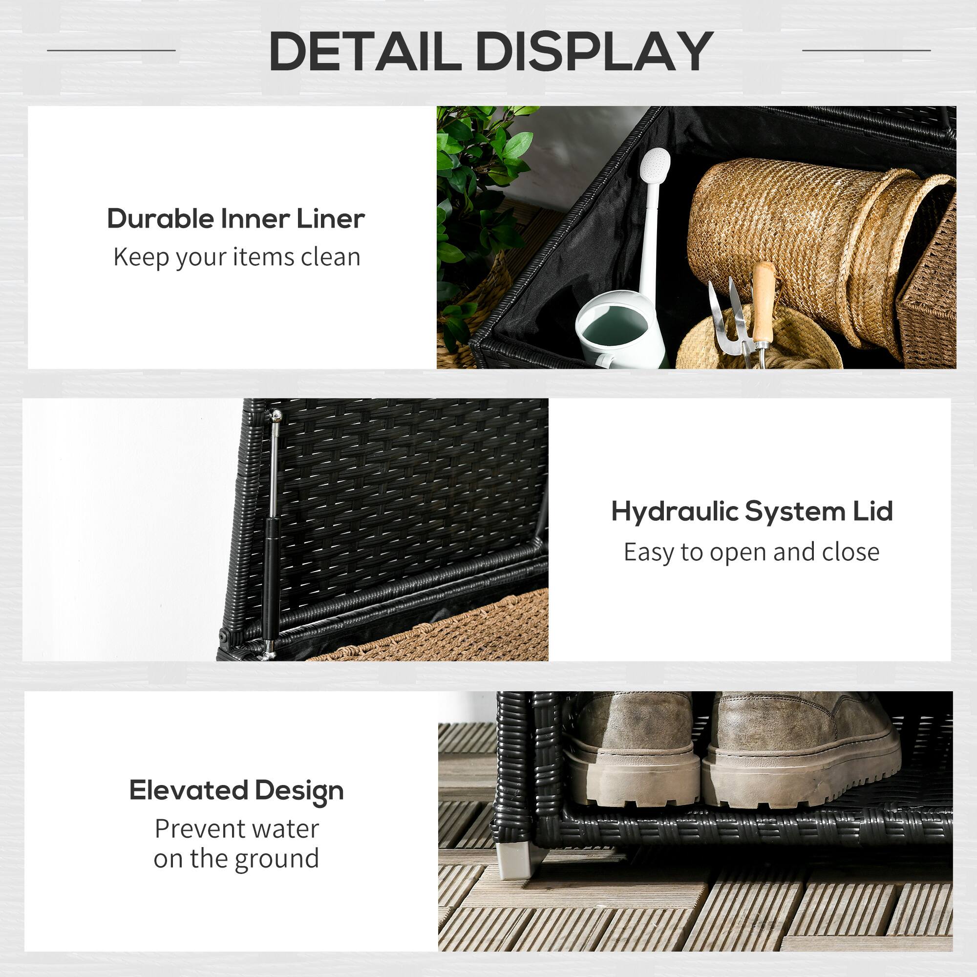 DETAIL DISPLAY

Durable Inner Liner
Keep your items clean

Hydraulic System Lid
Easy to open and close

Elevated Design
Prevent water on the ground