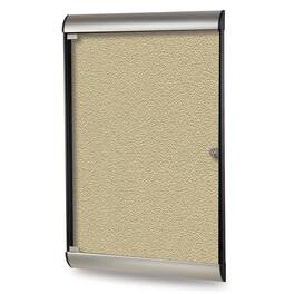 Ghent - 42⅛"x27¾" 1-Dr Silhouette Encl Bulletin Bd, Satin/Blk Fr, Vinyl Fabric - Caramel