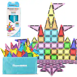 PicassoTiles - 67PCS Nano Magnetic Tiles Travel Size, Portable Building Blocks with Storage Bag, STEM Toy for Kids