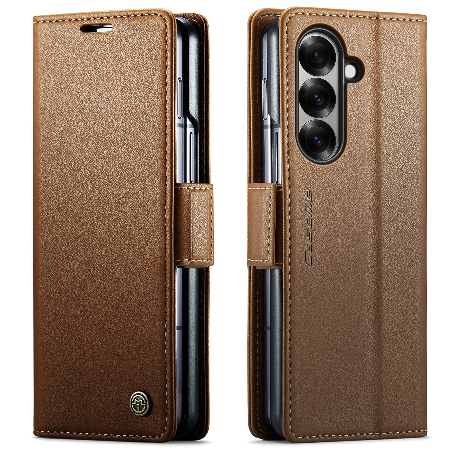 Angle. UUCOVER - For Samsung Galaxy Z Fold 7 PU Leather Wallet Case with RFID Blocking Card Slots Cash Holder, Stand Magnetic Folio Cover - Brown.