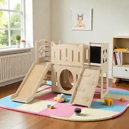 BreeBe - Wooden Indoor Play Gym for Toddlers with Slide, Climber & Chalkboard - Natural