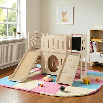 Front. BreeBe - Wooden Indoor Play Gym for Toddlers with Slide, Climber & Chalkboard - Natural.