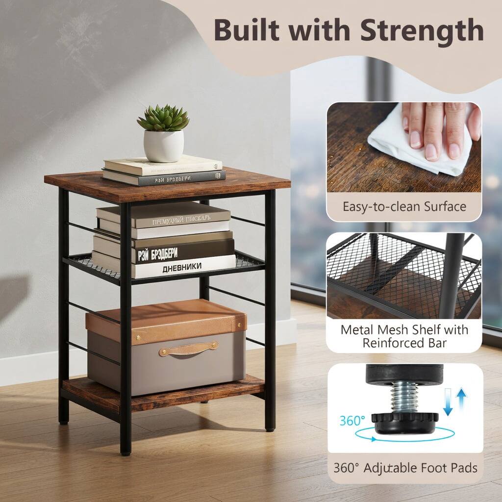 Built with Strength

- Easy-to-clean Surface
- Metal Mesh Shelf with Reinforced Bar
- 360° Adjustable Foot Pads