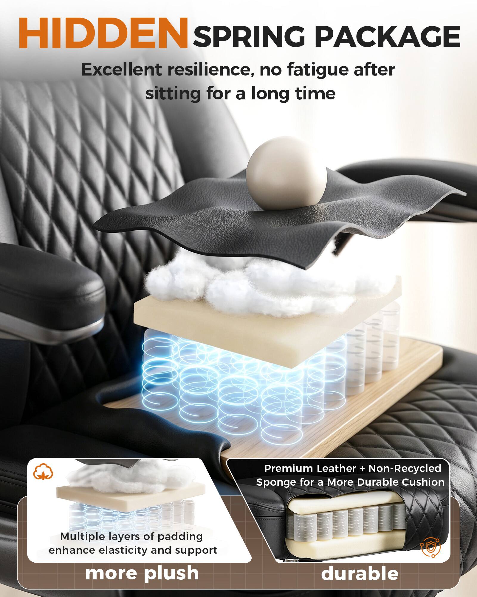HIDDEN SPRING PACKAGE

Excellent resilience, no fatigue after sitting for a long time

Premium Leather + Non-Recycled Sponge for a More Durable Cushion

Multiple layers of padding enhance elasticity and support

more plush

durable