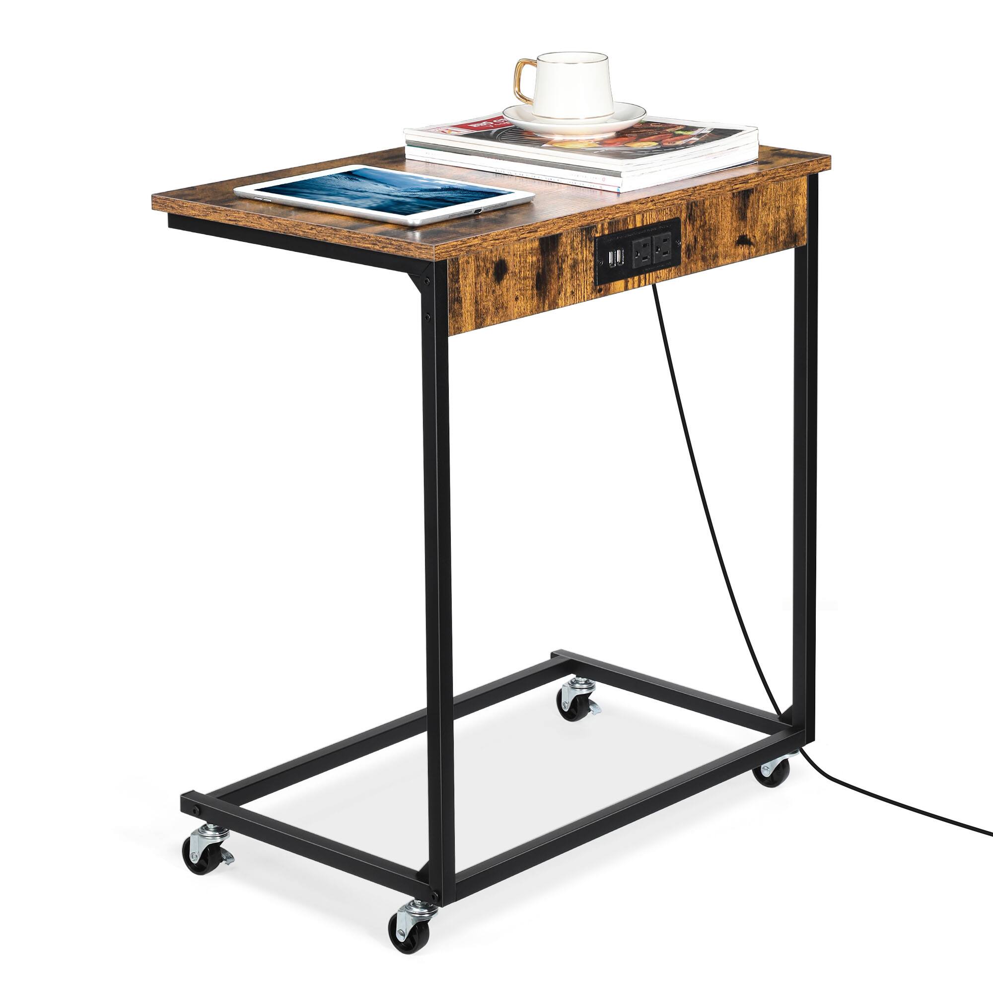 Back. Oumilen - Rustic Brown C-Shaped Side Table with Charging Station & Wheels - Rustic Brown.