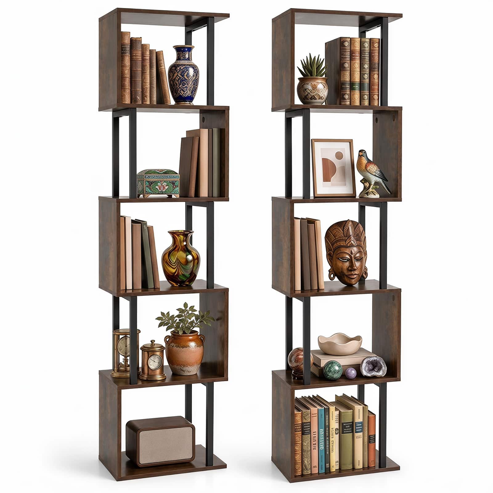 Costway - 2 PCS S-Shaped Bookshelf 5-Tier Geometric Bookcase Corner Display Shelf for Home - Rustic Brown price history on PriceWatchPro
