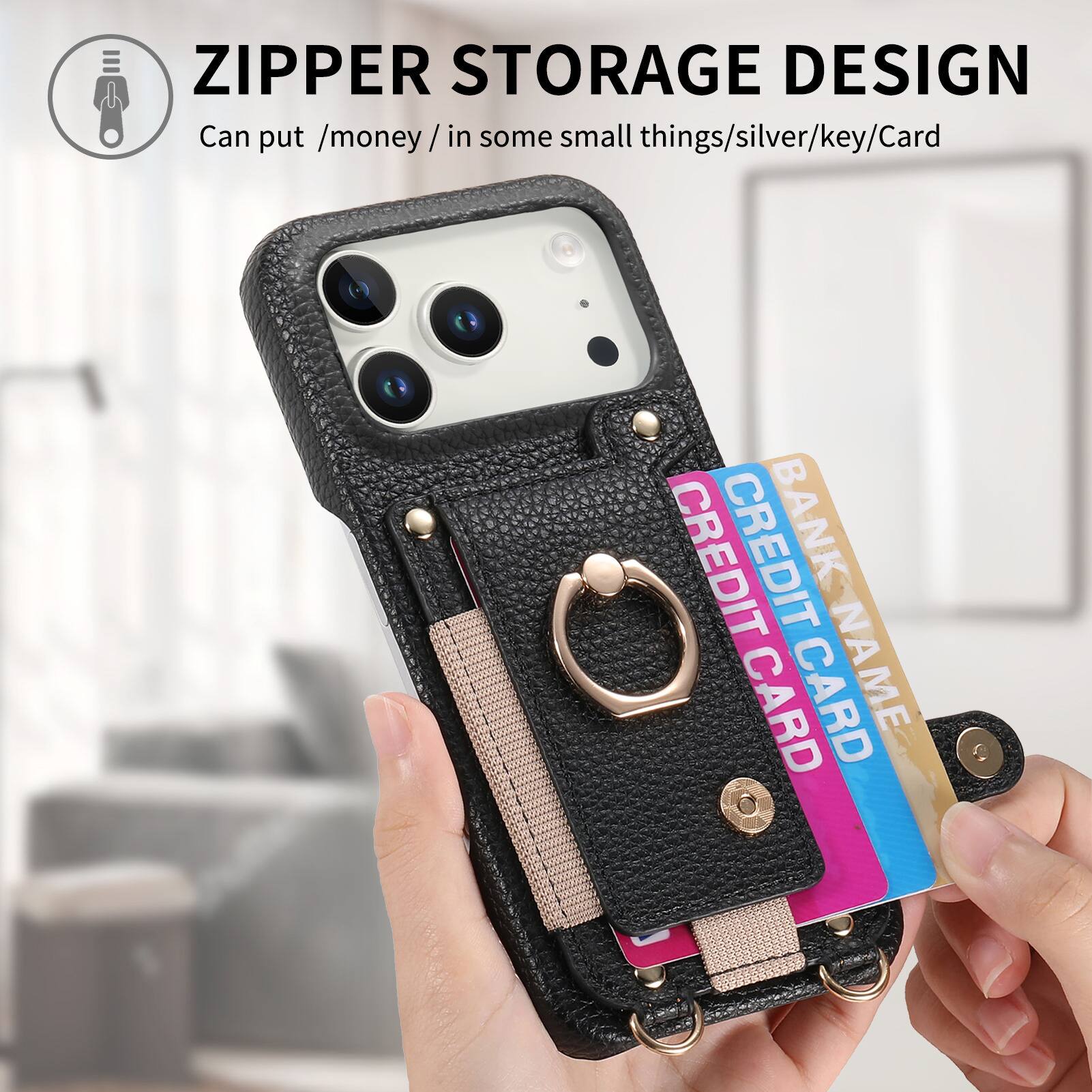 ZIPPER STORAGE DESIGN  
Can put /money/ in some small things/silver/key/Card  
CREDIT CARD  
BANK NAME