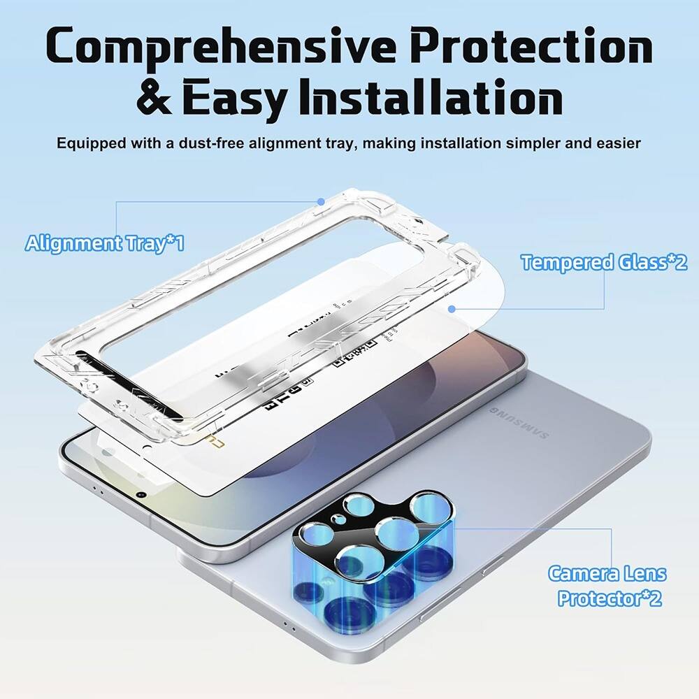 Comprehensive Protection & Easy Installation  
Equipped with a dust-free alignment tray, making installation simpler and easier  

Alignment Tray*1  
Tempered Glass*2  
Camera Lens Protector*2
