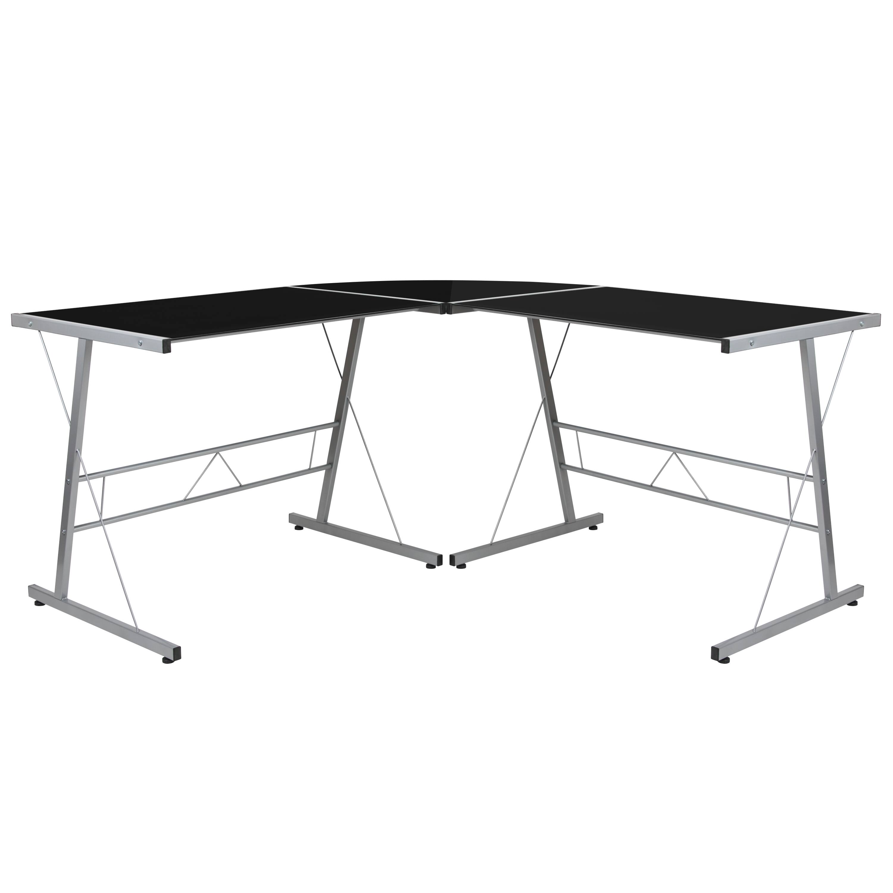 Emma + Oliver - L-Shaped Computer Corner Glass Desk, Gaming Desk, Home Office Corner Desk - Black Top/Silver Frame