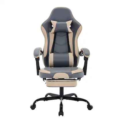 Front. GOODSILO - Ergonomic Gaming Chair with Adjustable Footrest and Massage Lumbar Support for Enhanced Comfort and Posture - Beige+Blue.