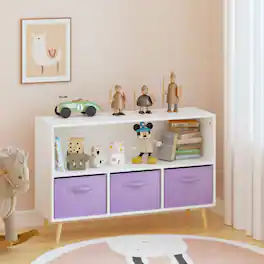Z-Edge - 2-Tier Bookcase Bookshelf with 3 Collapsible Fabric Drawers, Cute Book Display Storage Cabinet Organizer for Playroom - Purple