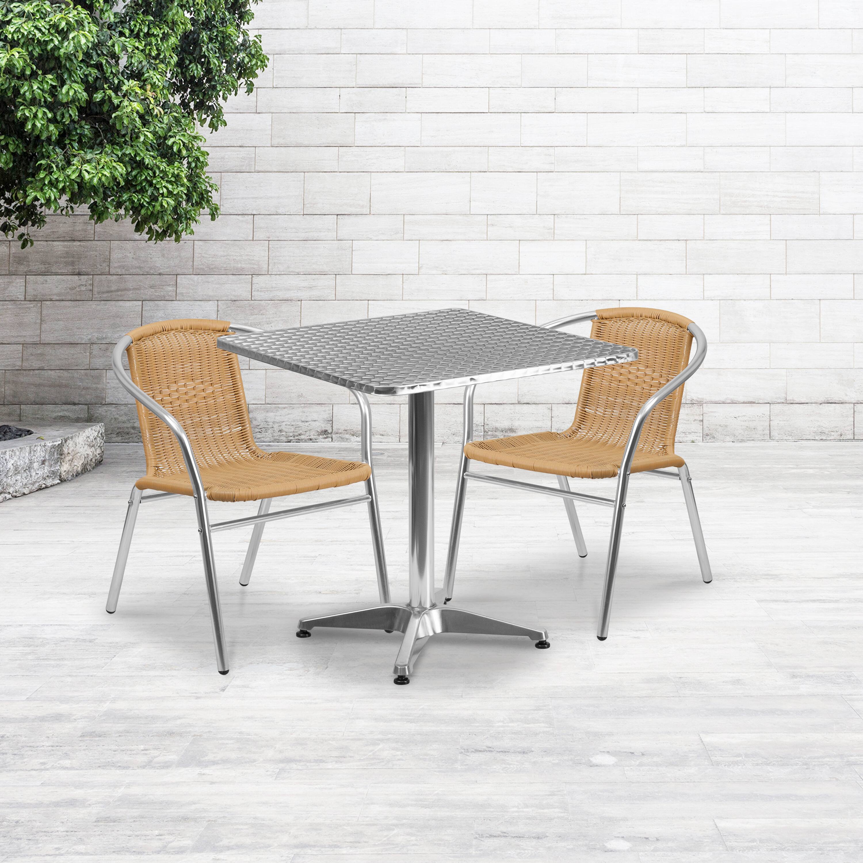Alt View 1. Emma + Oliver - 27.5" Square Aluminum Garden Patio Table Set with 2 Rattan Chairs - Beige.