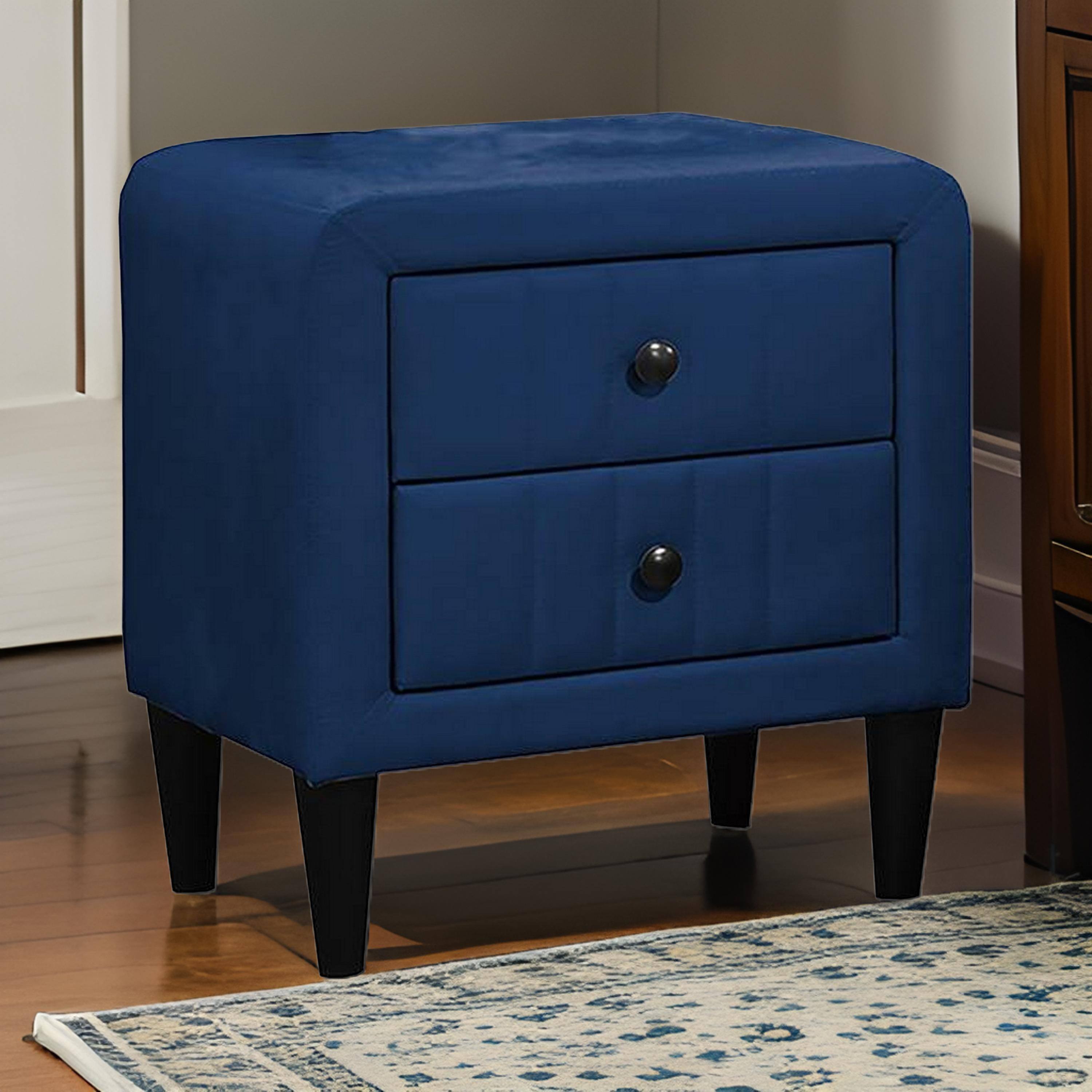 Alt View 2. Manhattan Lane - Rheo Nightstand, 2 Drawers, 22 Inch Upholstered in Navy Blue Velvet - Navy Blue, Black.
